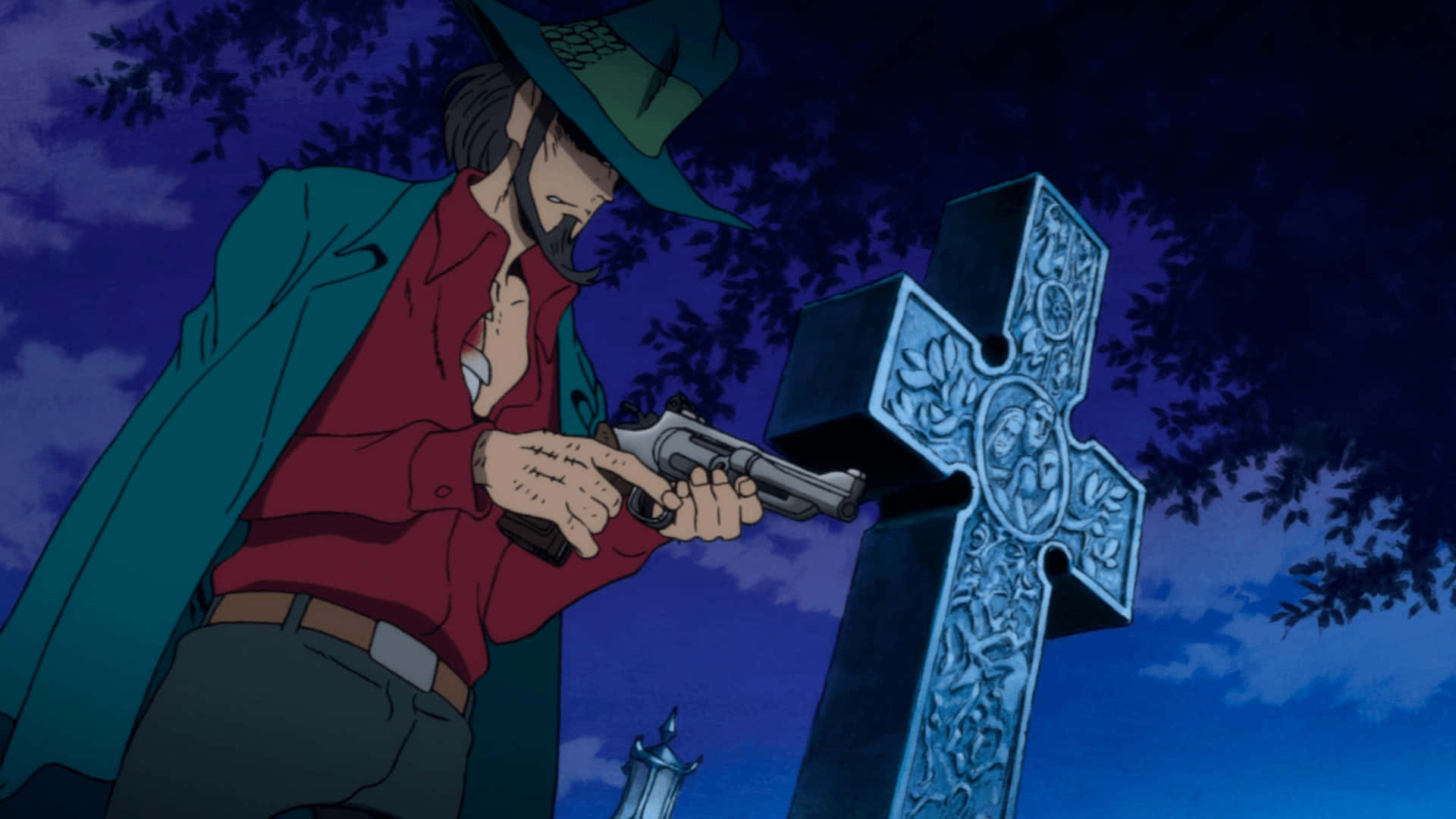 Lupin Iii Daisuke Jigen 桌布 壁紙 — 一個戴綠色帽子、穿紅色襯衫的牛仔，在暮色天空下用左輪手槍瞄準一個華麗的藍色十字架。