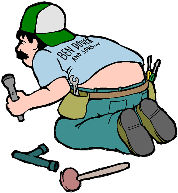Plumbing 桌布 壁紙 — 一個戴綠色帽子和工具腰帶的卡通水管工跪著拿著手電筒，周圍散落著水管工具。