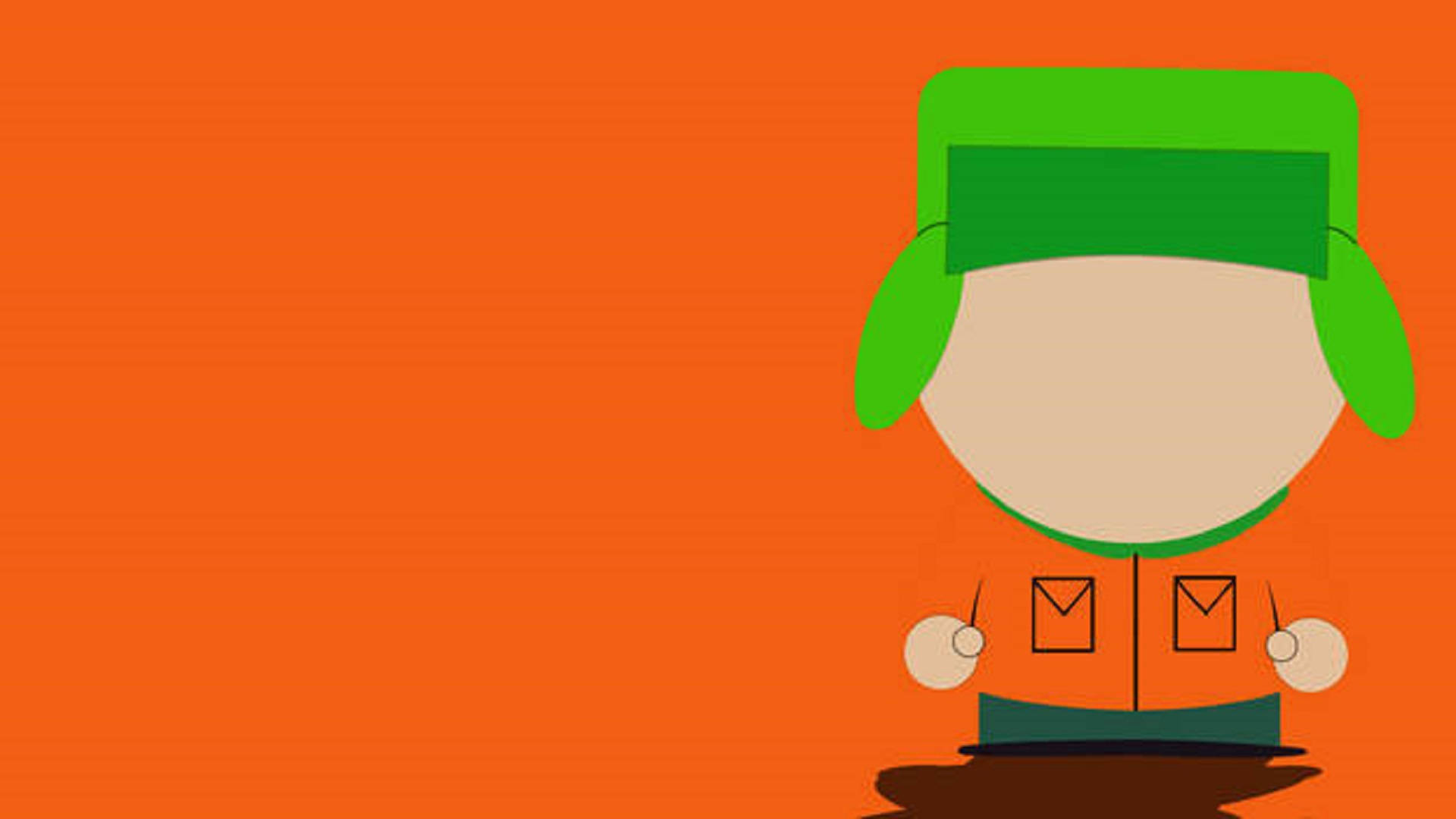 Kyle Broflovski 桌布 壁紙 — 一個戴綠色帽子和橙色外套的卡通角色站在純橙色背景前。