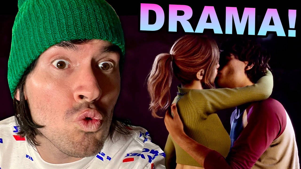 shocked face 桌布 壁紙 — 一個戴綠色毛帽的男人瞪大眼睛，對發光「DRAMA！」文字下接吻的數位情侶做出反應。