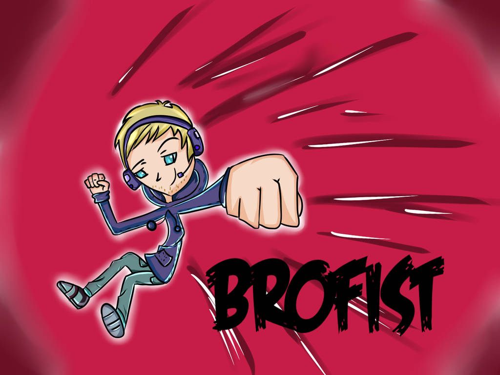 PewDiePie 桌布 壁紙 — 一個戴耳機的卡通玩家在紅色背景上向前揮拳，帶有動作線條和「BROFIST」文字。