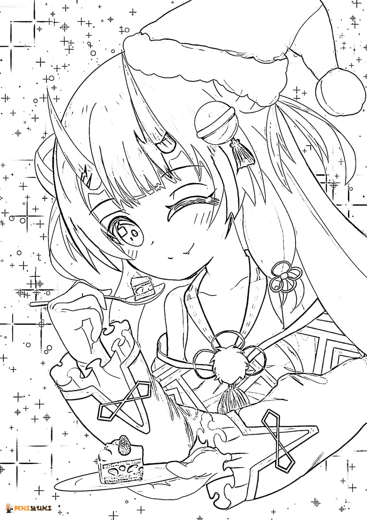 Anime Coloring 桌布 壁紙 — 一個戴聖誕帽的開心動漫女孩，在黑白線條藝術風格中吃蛋糕，周圍有閃光。