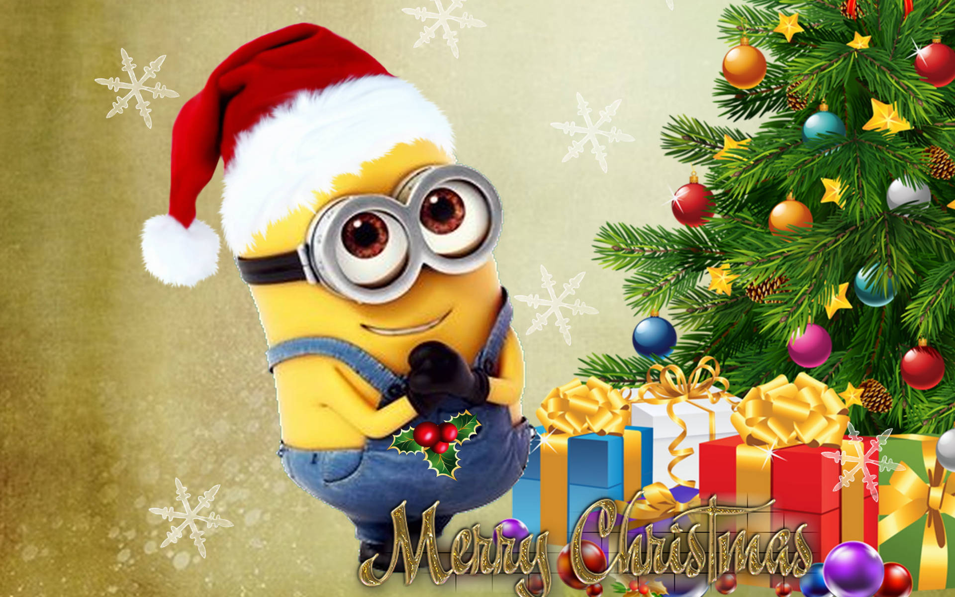 Animated Cartoon 桌布 壁紙 — 一個戴聖誕帽的開心黃色Minion，在裝飾好的聖誕樹和禮物旁邊拿著冬青。