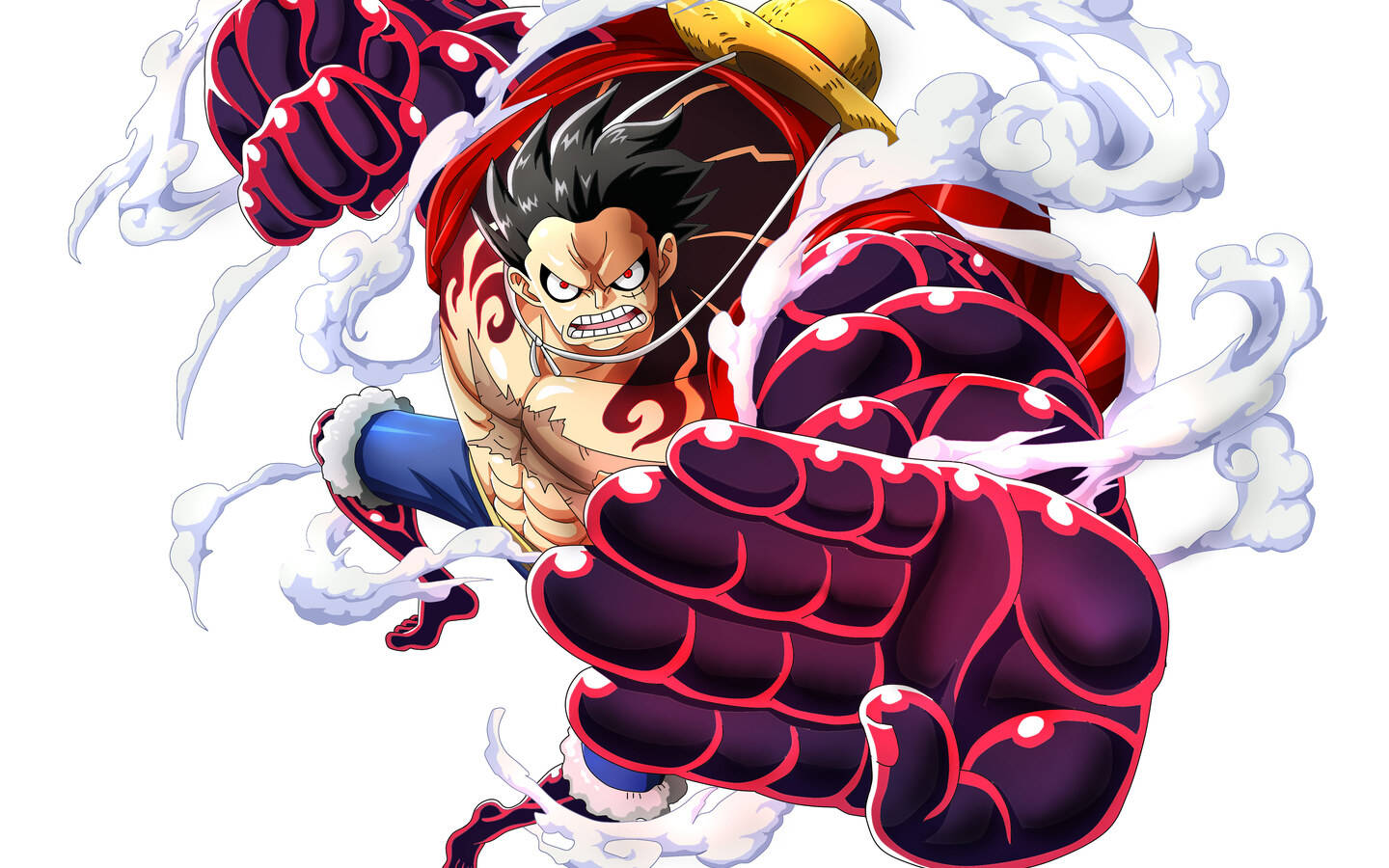 luffy gear 4 桌布 壁紙 — 一個戴草帽、戴紅色巨拳手套的兇猛動漫海盜，在旋轉的白煙中向前出拳。
