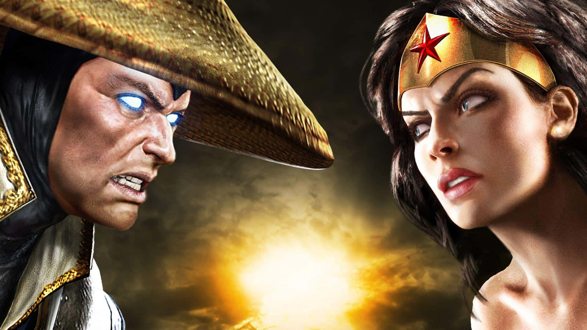 Mortal Kombat Vs Dc Universe 桌布 壁紙 — 一個戴草帽、眼睛發光的戰士與戴著金色頭飾的神力女超人在熾熱背景前激烈對峙。
