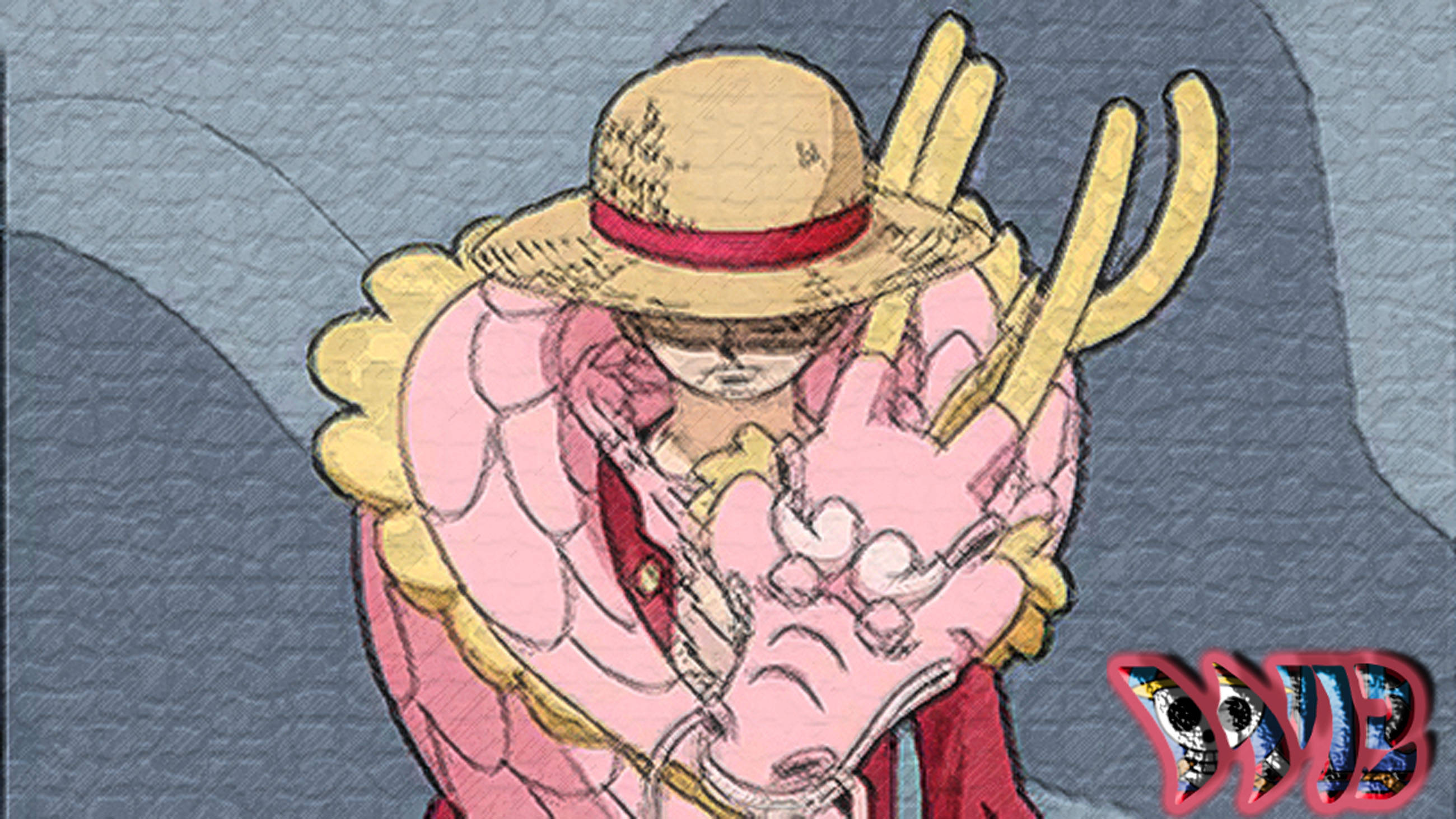 luffy 4K 桌布 壁紙 — 一個戴草帽、穿粉紅色外套的風格化動漫角色，在紋理灰色背景前手持金色三叉戟。