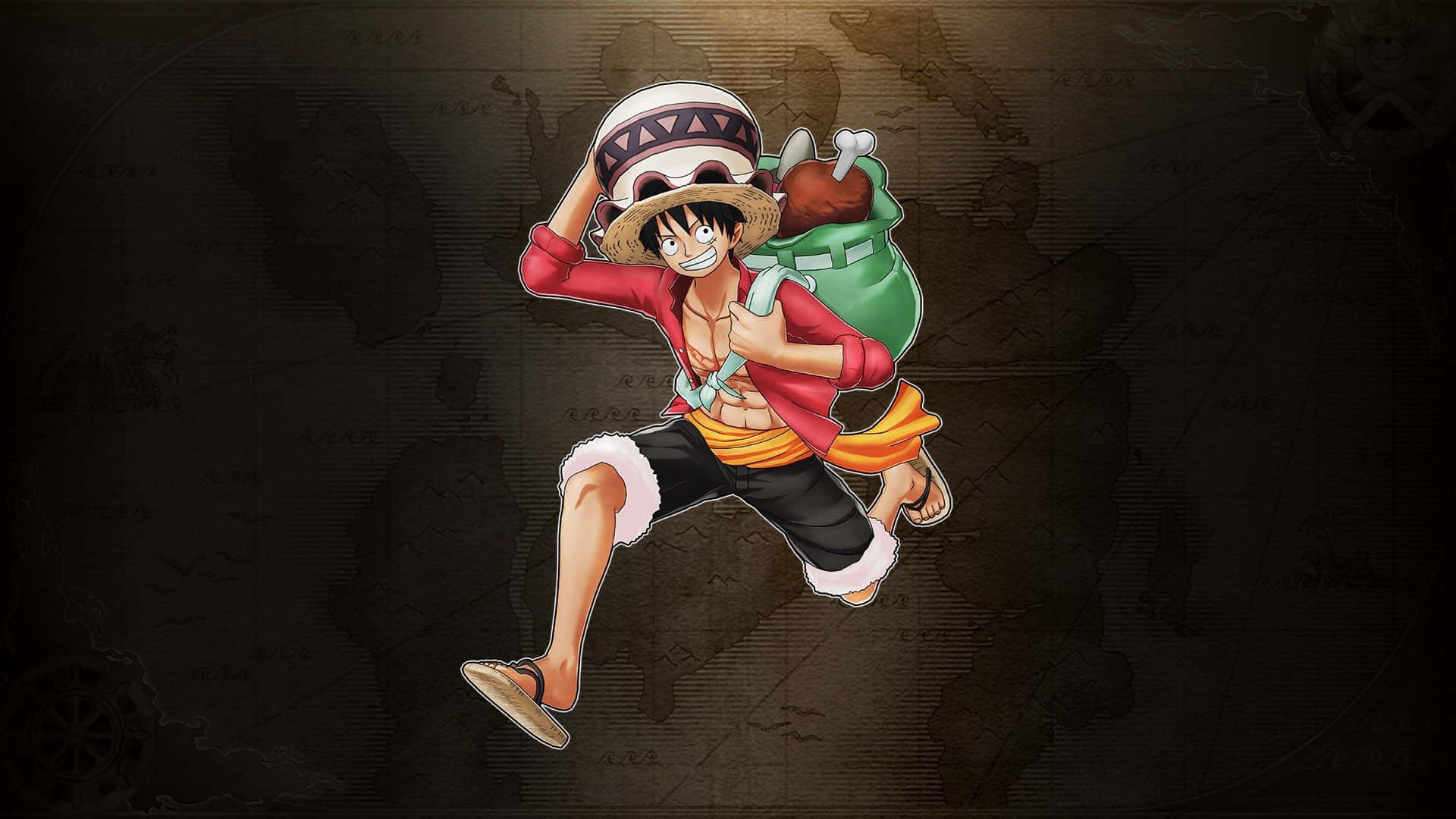 One Piece Stampede 桌布 壁紙 — 一個戴草帽、穿紅色外套的開心動畫海盜，在黑暗地圖背景上向前跳躍。
