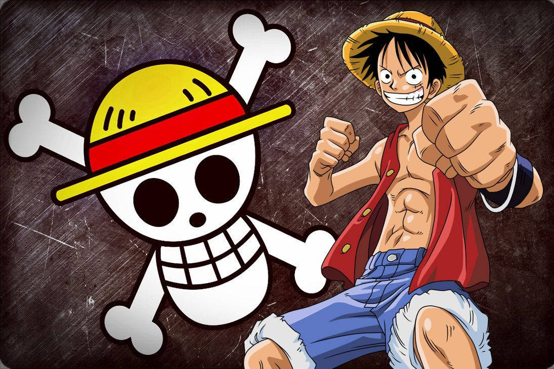 luffy 4K 桌布 壁紙 — 一個戴草帽、穿紅色背心的開心動畫海盜，在他的骷髏頭交叉骨頭 Jolly Roger 標誌旁邊擺姿勢。