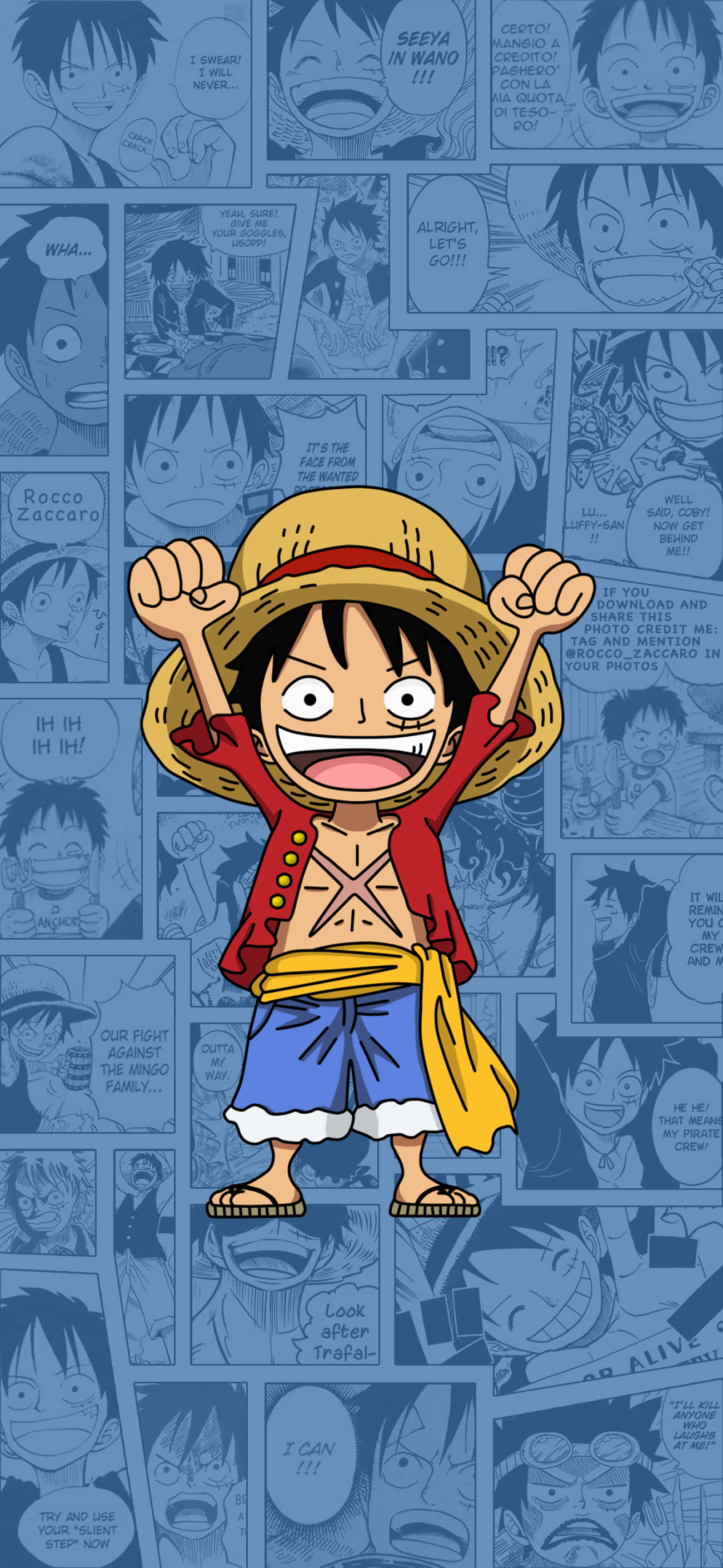luffy smile 桌布 壁紙 — 一個戴草帽、穿紅色背心的開朗動畫男孩，在藍色漫畫面板背景上勝利地站著。