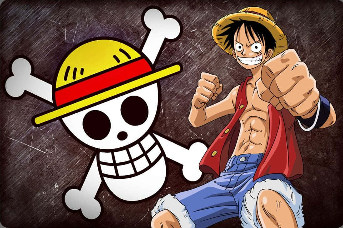 Luffy 桌布 壁紙 — 一個戴草帽、穿紅色背心的開朗動畫海盜，在他的骷髏頭交叉骨 Jolly Roger 標誌旁邊向前出拳。