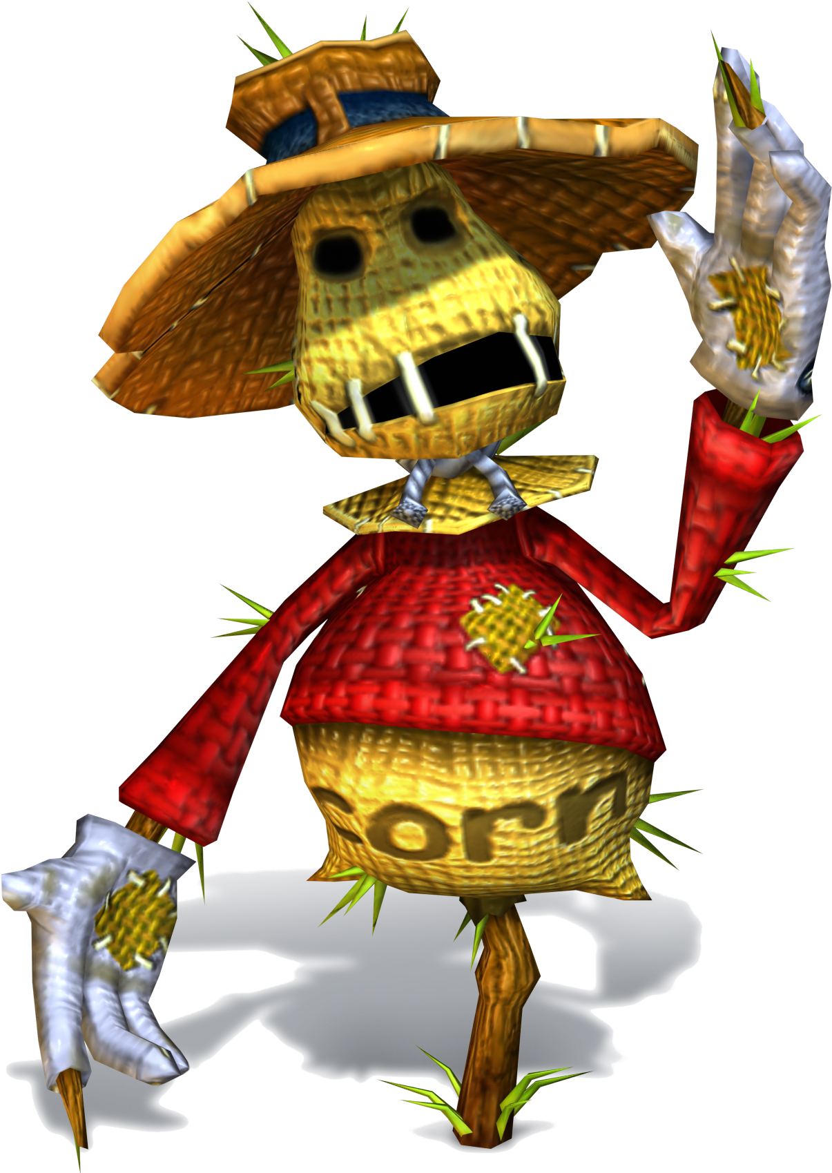 Scarecrow 桌布 壁紙 — 一個戴草帽、穿紅衫的卡通稻草人，在黑色背景上愉快地揮手。