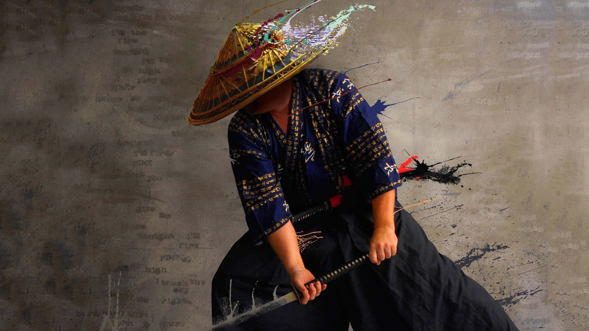 武士動畫 桌布 壁紙 — 一個戴草帽、穿藍色和服的武士，手持武士刀，背景是帶有紋理的灰色牆壁，上面有鮮豔的油漆飛濺。