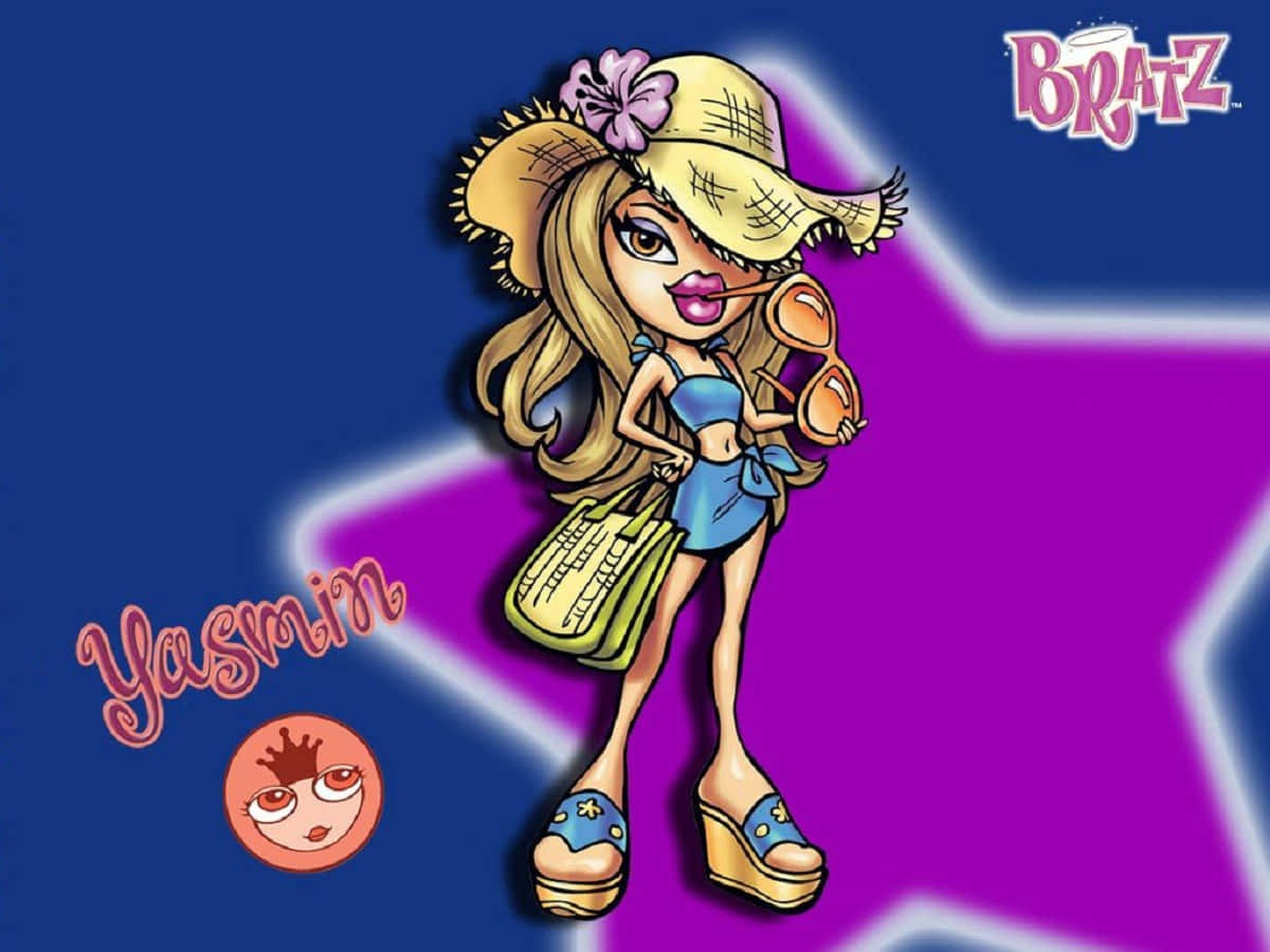 Bratz 桌布 壁紙 — 一個戴草帽、穿藍色衣服的卡通女孩自信地站在藍色背景上的紫色星星前。
