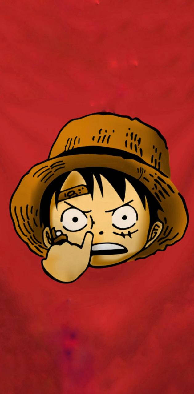 Big Eyes 桌布 壁紙 — 一個戴草帽、表情憤怒的卡通男孩，在紋理紅色的背景前將手指放在嘴唇上。