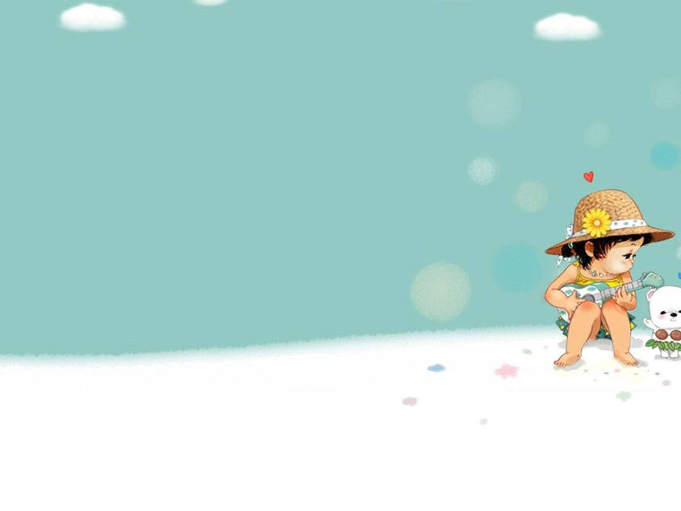Cute Boy Cartoon 桌布 壁紙 — 一個戴草帽的可愛小孩在柔和的藍天白雲下，在毛絨玩具旁邊彈奏烏克麗麗。
