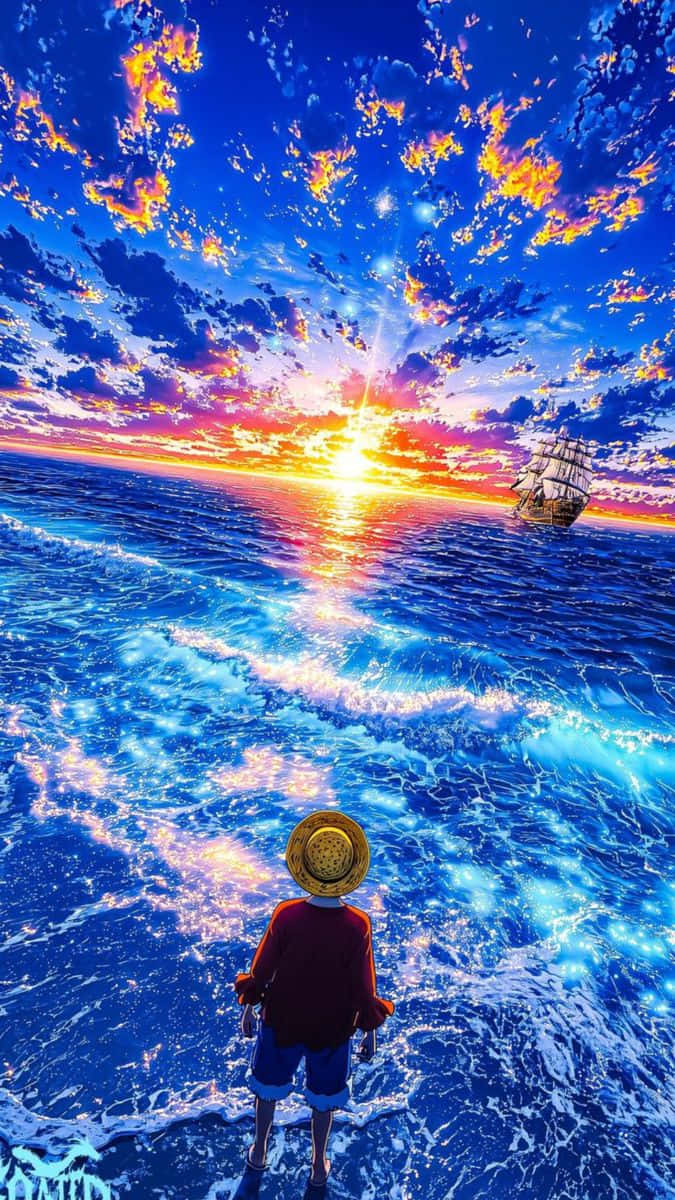 one piece 壁紙 — 一個戴草帽的孤獨身影站在海邊，看著一艘船在鮮豔的藍天下駛向火紅的日落。