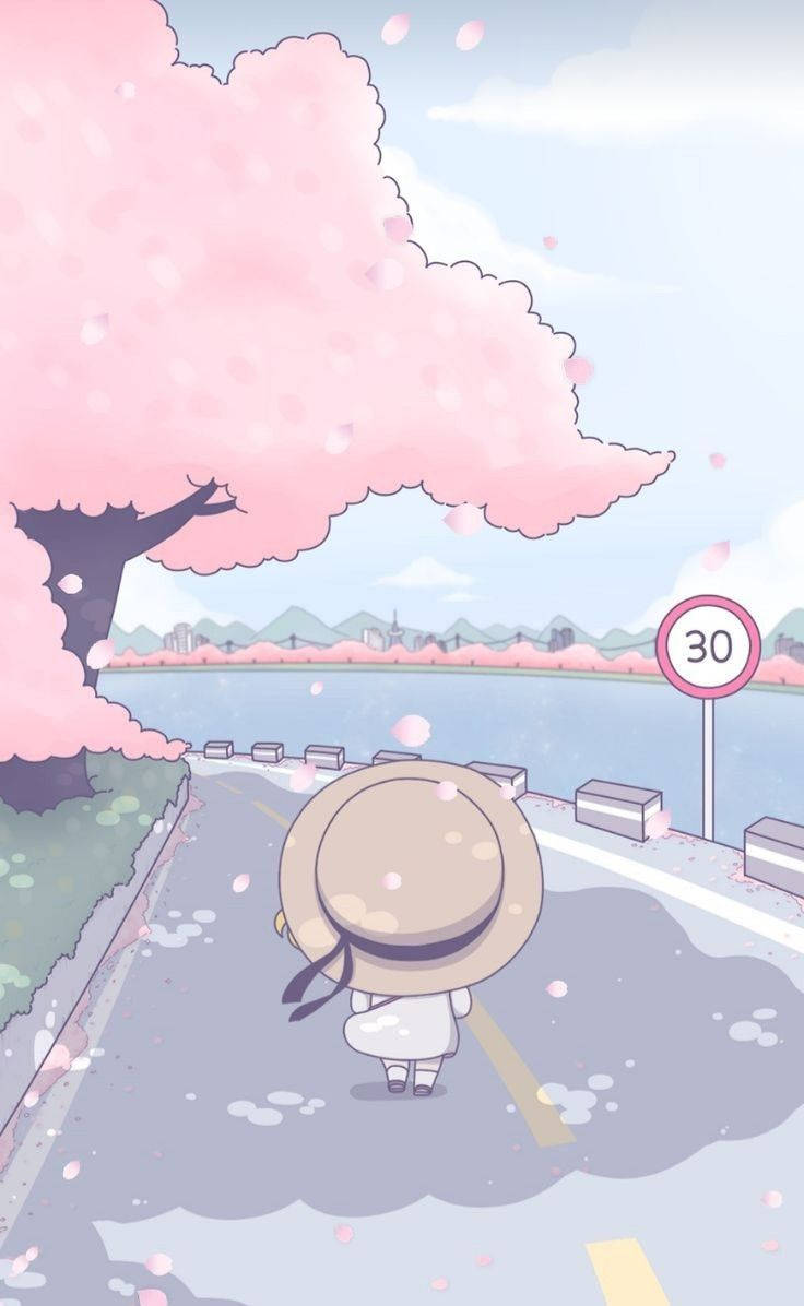 一個戴草帽的人沿著一條路走在粉紅色櫻花樹下。 — 柔和美學 GIF 壁紙