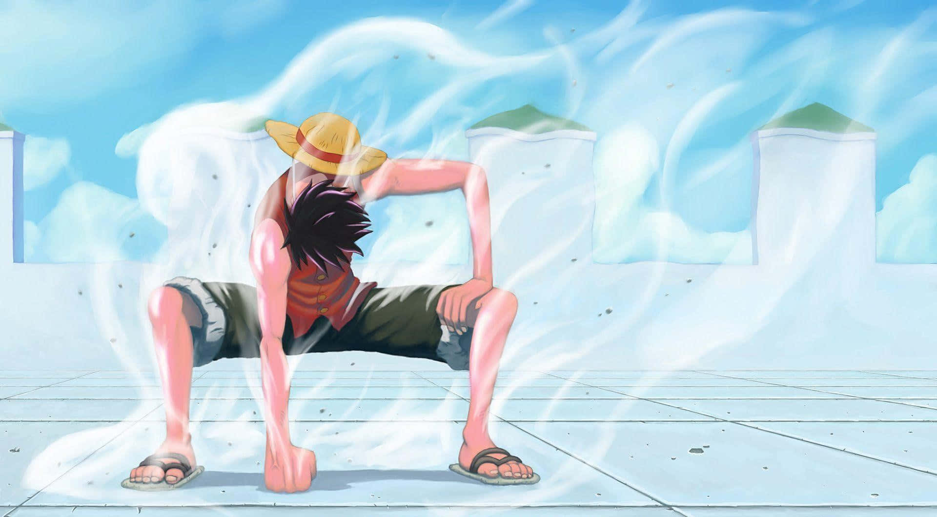 Cool Luffy 桌布 壁紙 — 一個戴草帽的年輕動漫男孩在瓷磚屋頂上強力伸展，旋轉的白色能量包圍著他，頭上是明亮的藍天。