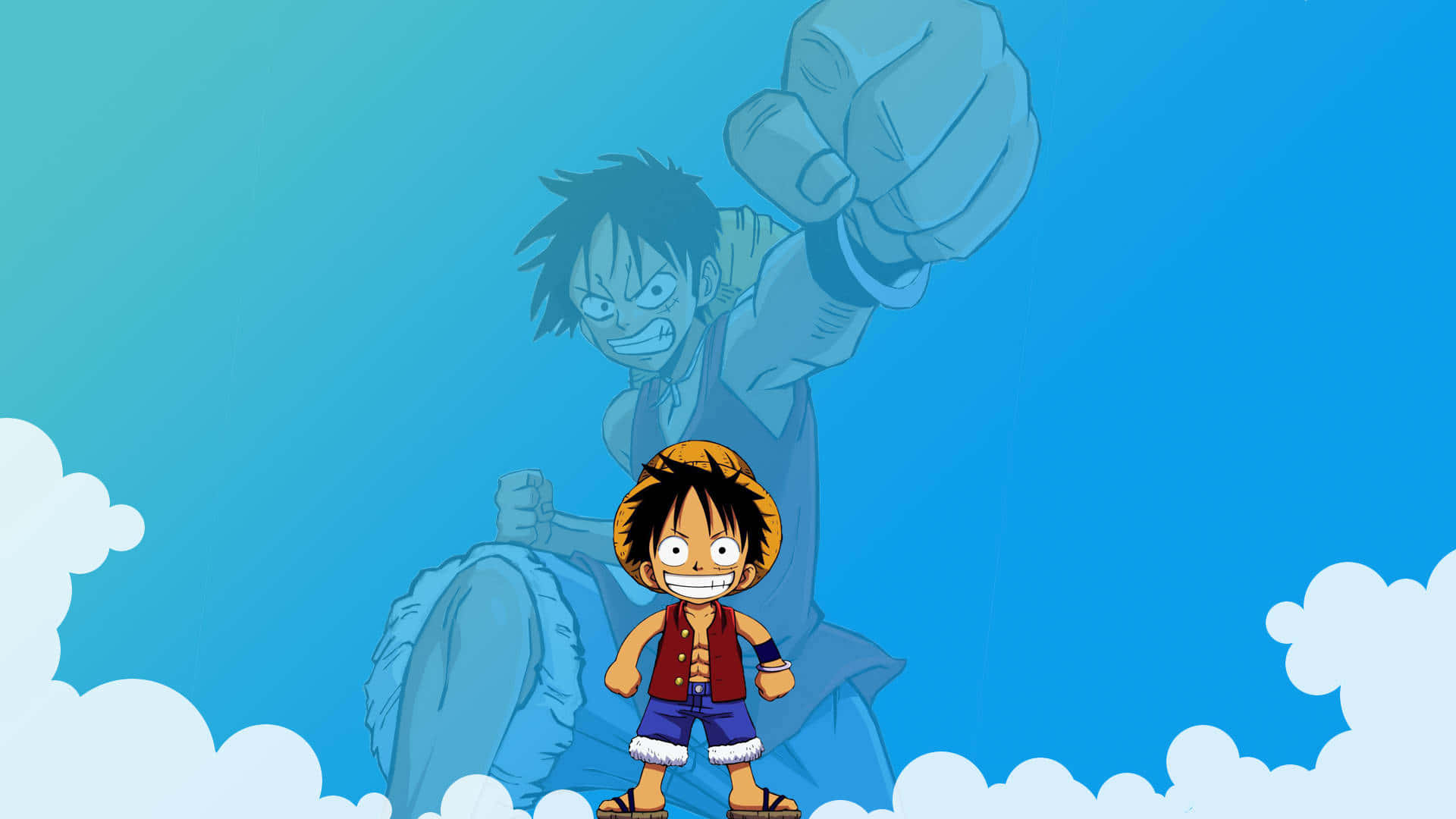 Luffy 桌布 壁紙 — 一個戴草帽的年輕動漫男孩站在一隻穿破雲層的巨拳前，背景是藍天。
