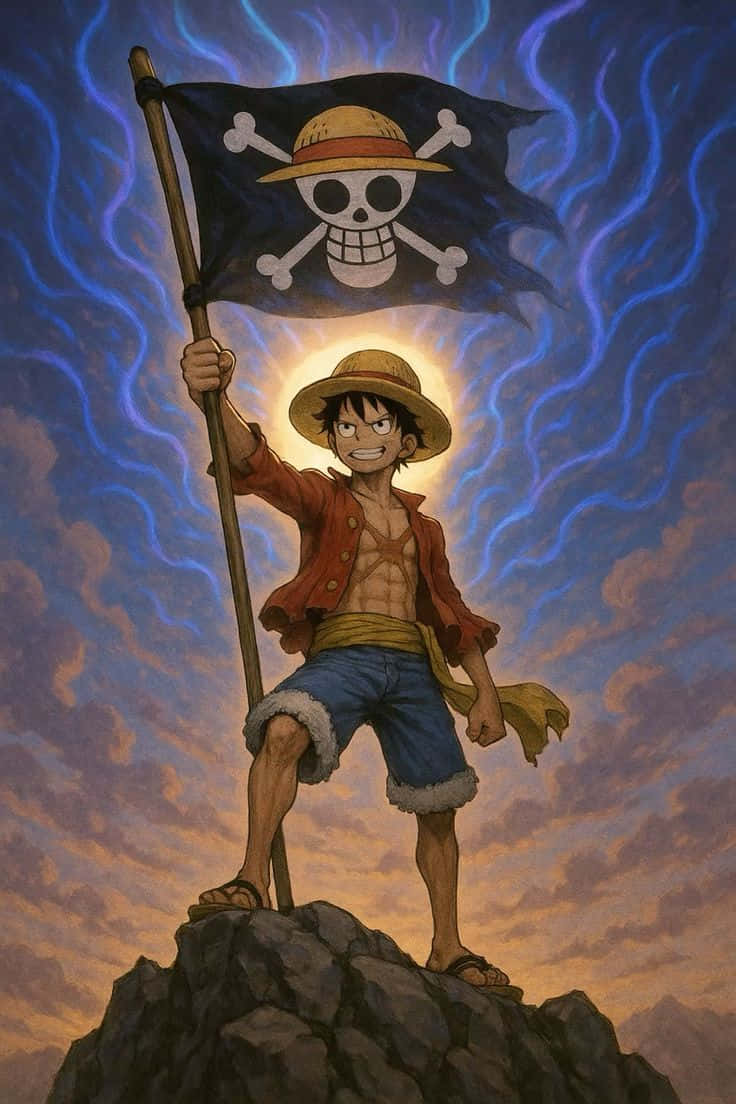 one piece 壁紙 — 一個戴草帽的年輕海盜站在岩石頂峰，手持骷髏旗，背景是暴風雨的藍橙色天空。