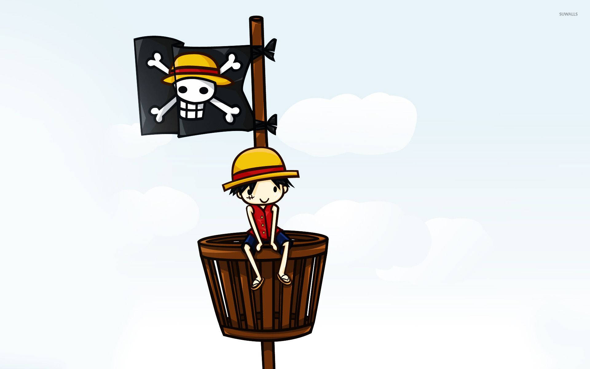 luffy 4K 桌布 壁紙 — 一個戴草帽的快樂卡通男孩坐在木桶上，海盜旗在他頭頂飄揚，背景是柔和的天空。