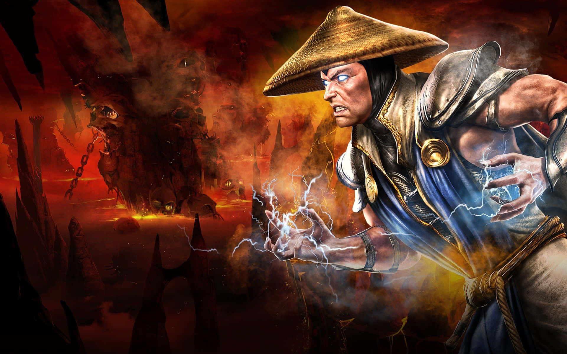 Mortal Kombat Legacy 桌布 壁紙 — 一個戴草帽的戰士在一個有鋸齒狀尖塔和鎖鏈怪獸的火熱地獄景觀中引導噼啪作響的閃電。