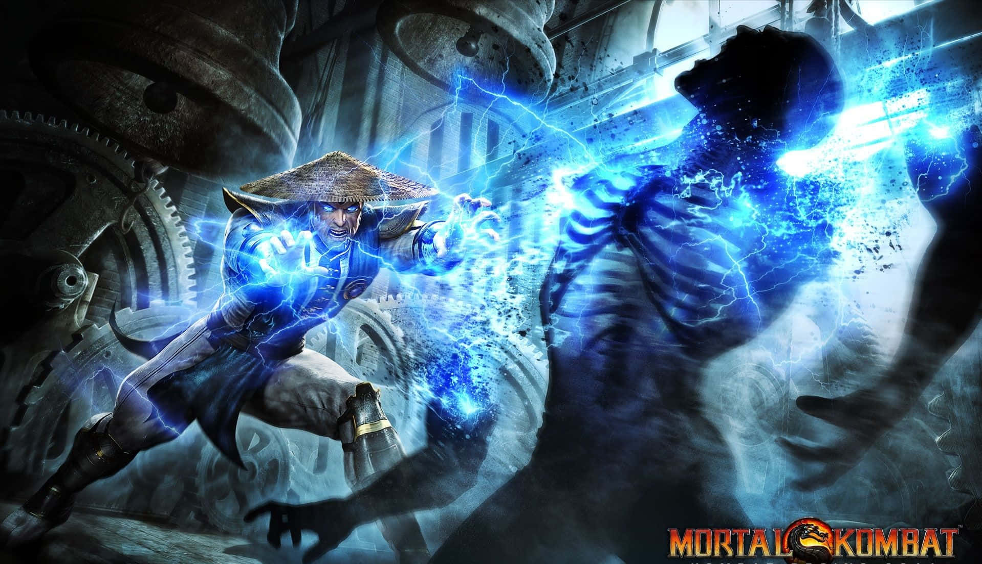 Mortal Kombat Raiden 桌布 壁紙 — 一個戴草帽的戰士在機械競技場向一個幽靈對手釋放藍色閃電。