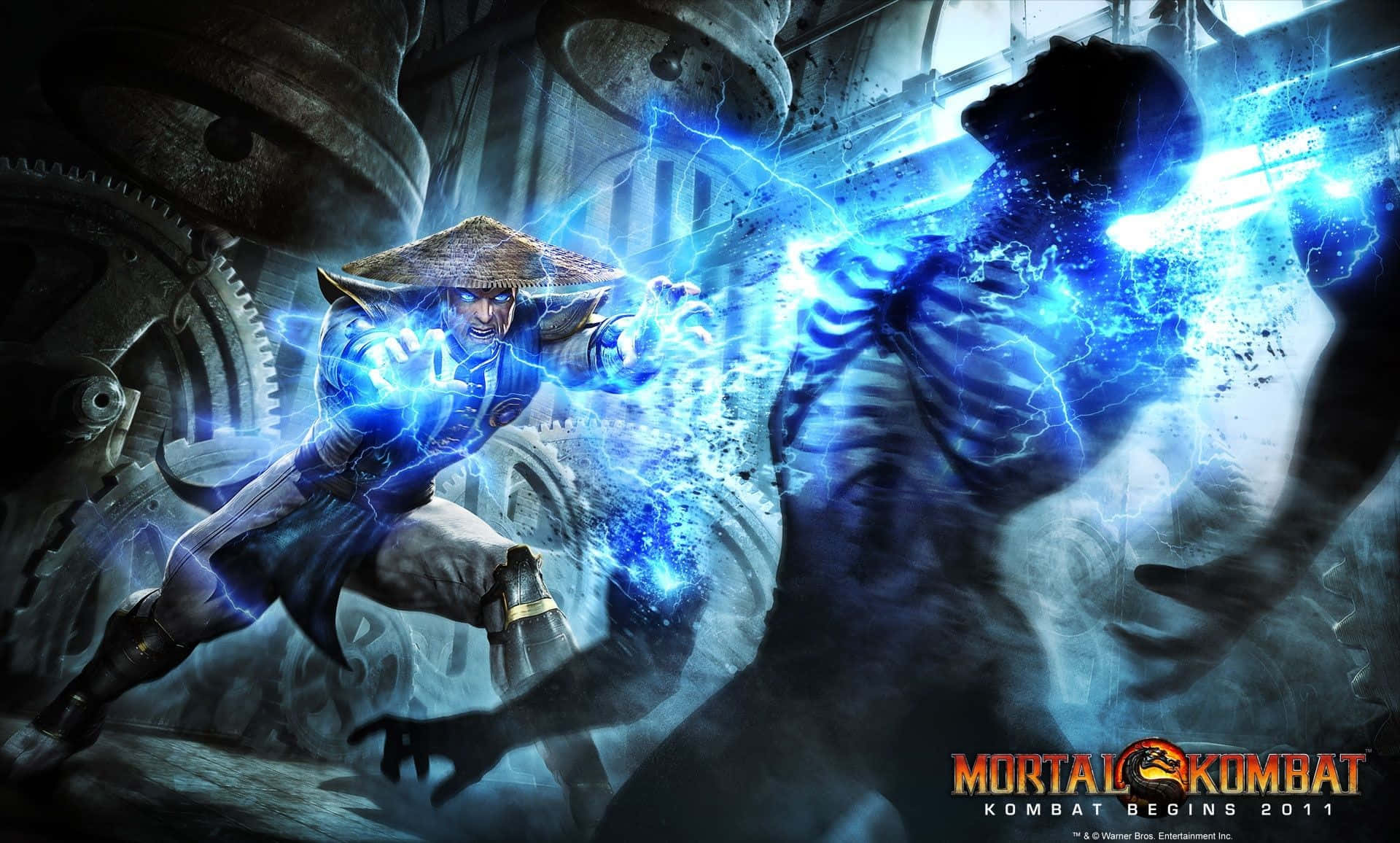 Mortal Kombat Fatality 桌布 壁紙 — 一個戴草帽的戰士在機械競技場向骷髏對手釋放藍色閃電。