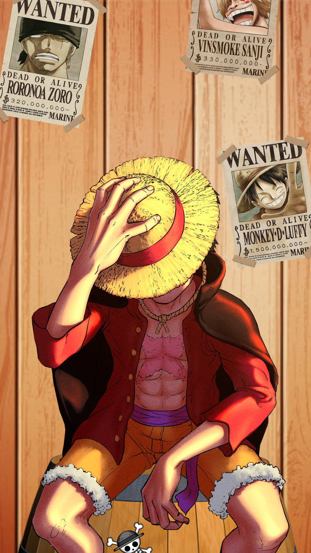 Luffy 桌布 壁紙 — 一個戴草帽的海盜坐在木板上，周圍貼滿了通緝他船員的海報，房間燈光溫暖。