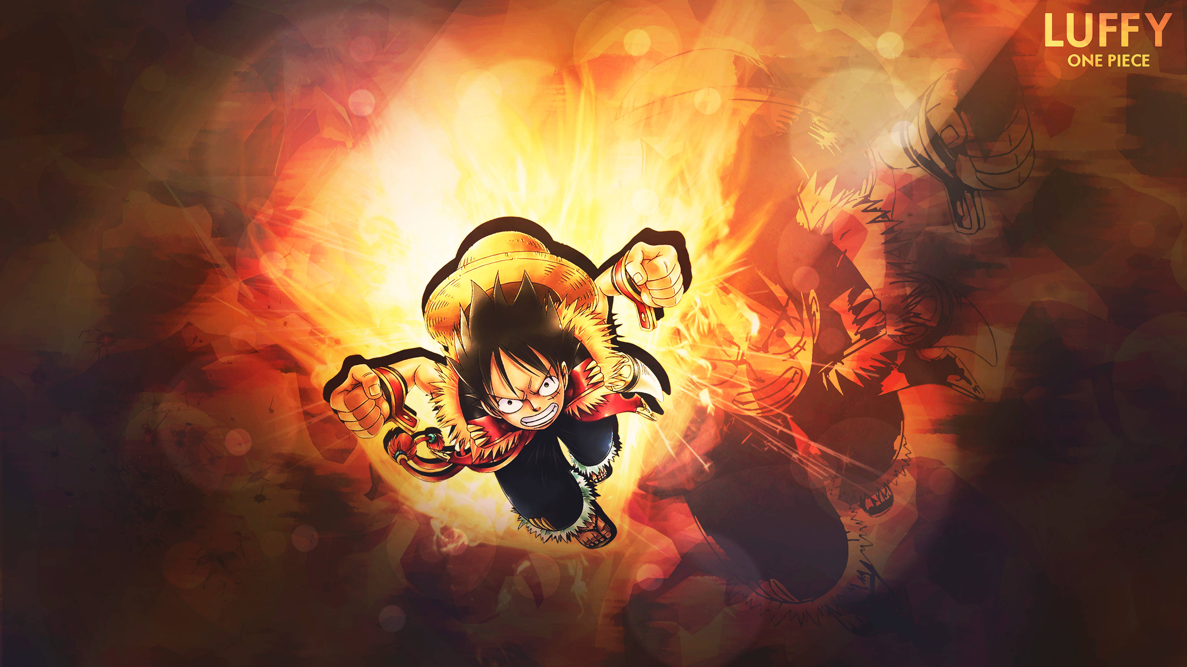 Luffy 桌布 壁紙 — 一個戴草帽的火熱動漫角色向前出拳，周圍是爆炸性的橙色火焰和散景效果。