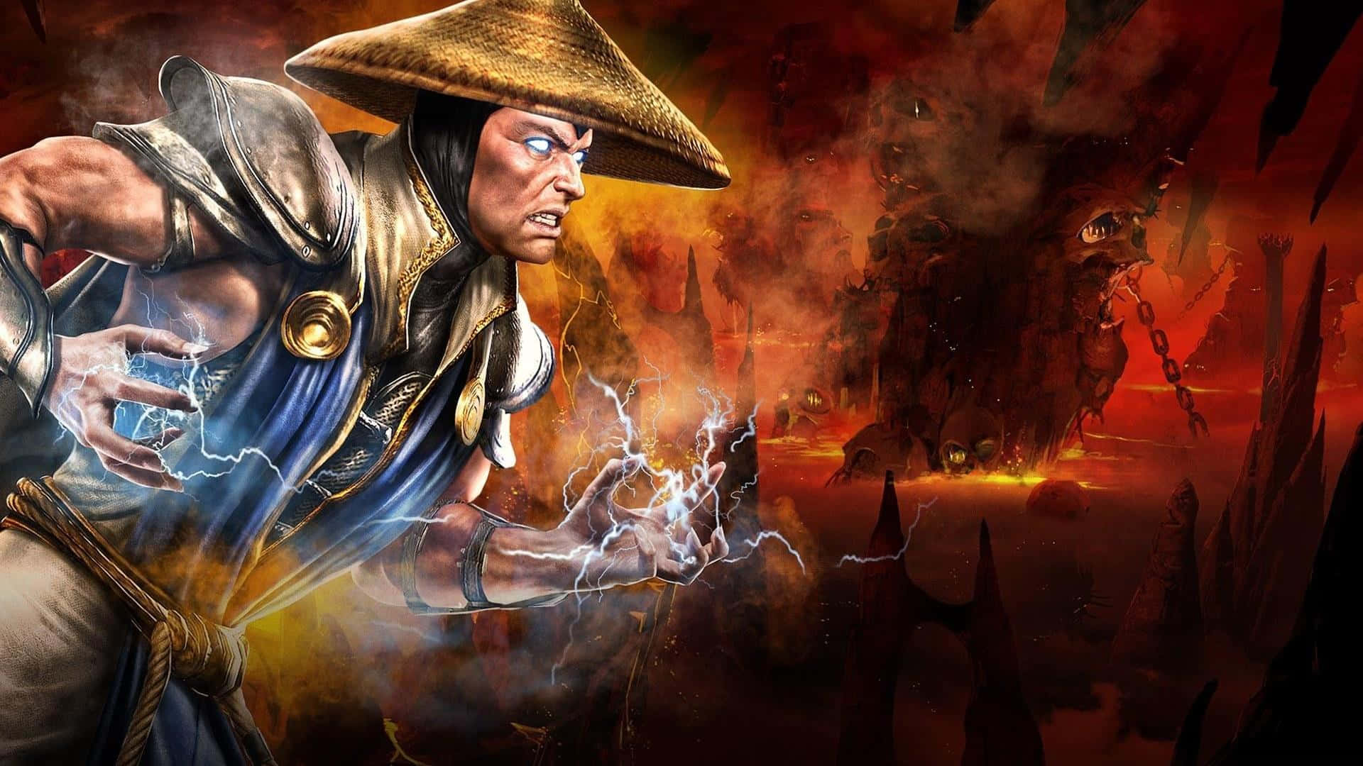 Mortal Kombat Raiden 桌布 壁紙 — 一個戴草帽的肌肉戰士在火焰惡魔背景下引導劈啪作響的閃電。