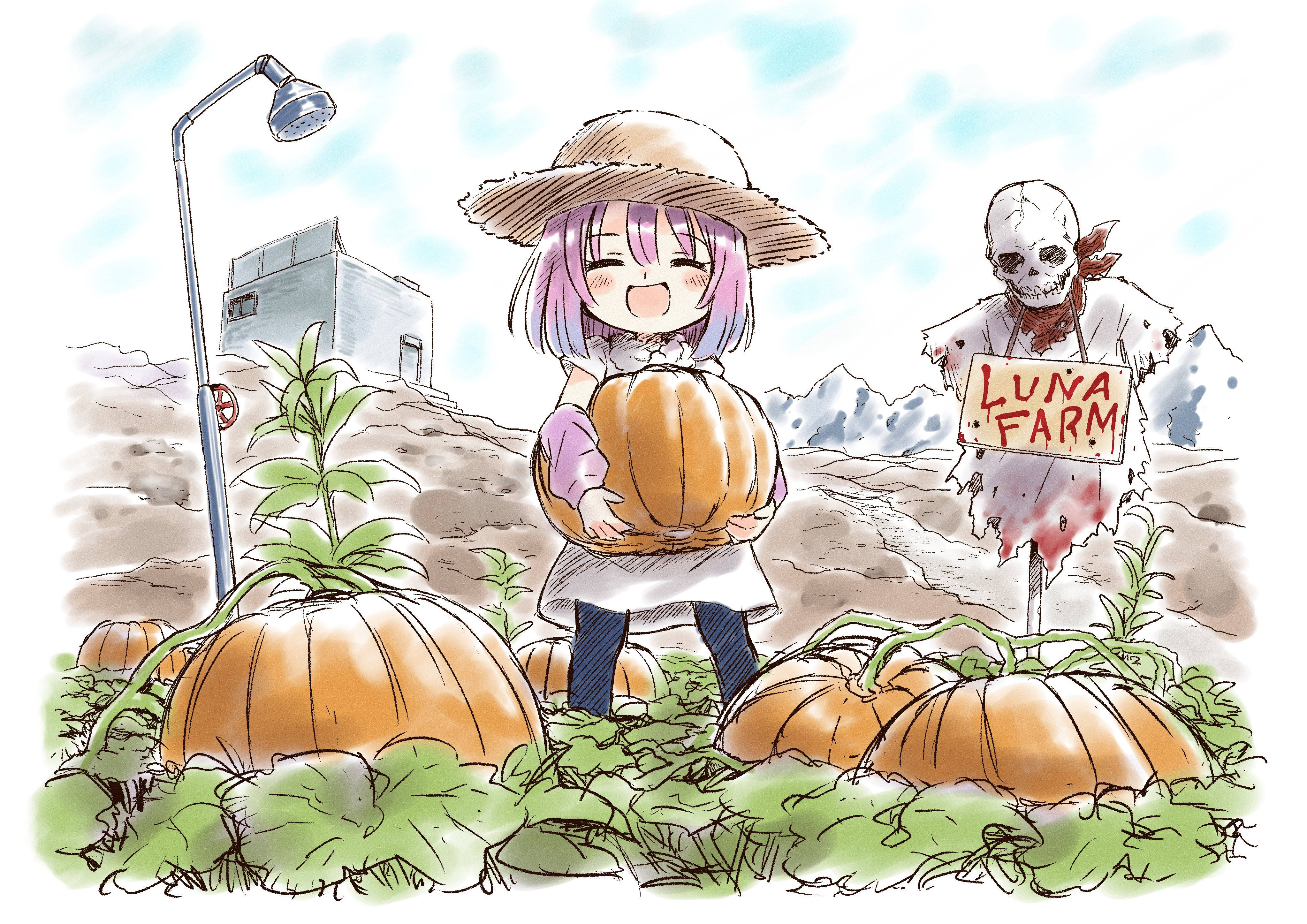 藝術 桌布 壁紙 — 一個戴草帽的開心動漫女孩在田裡拿著南瓜，田裡有一個骷髏稻草人舉著「Luna Farm」牌子。