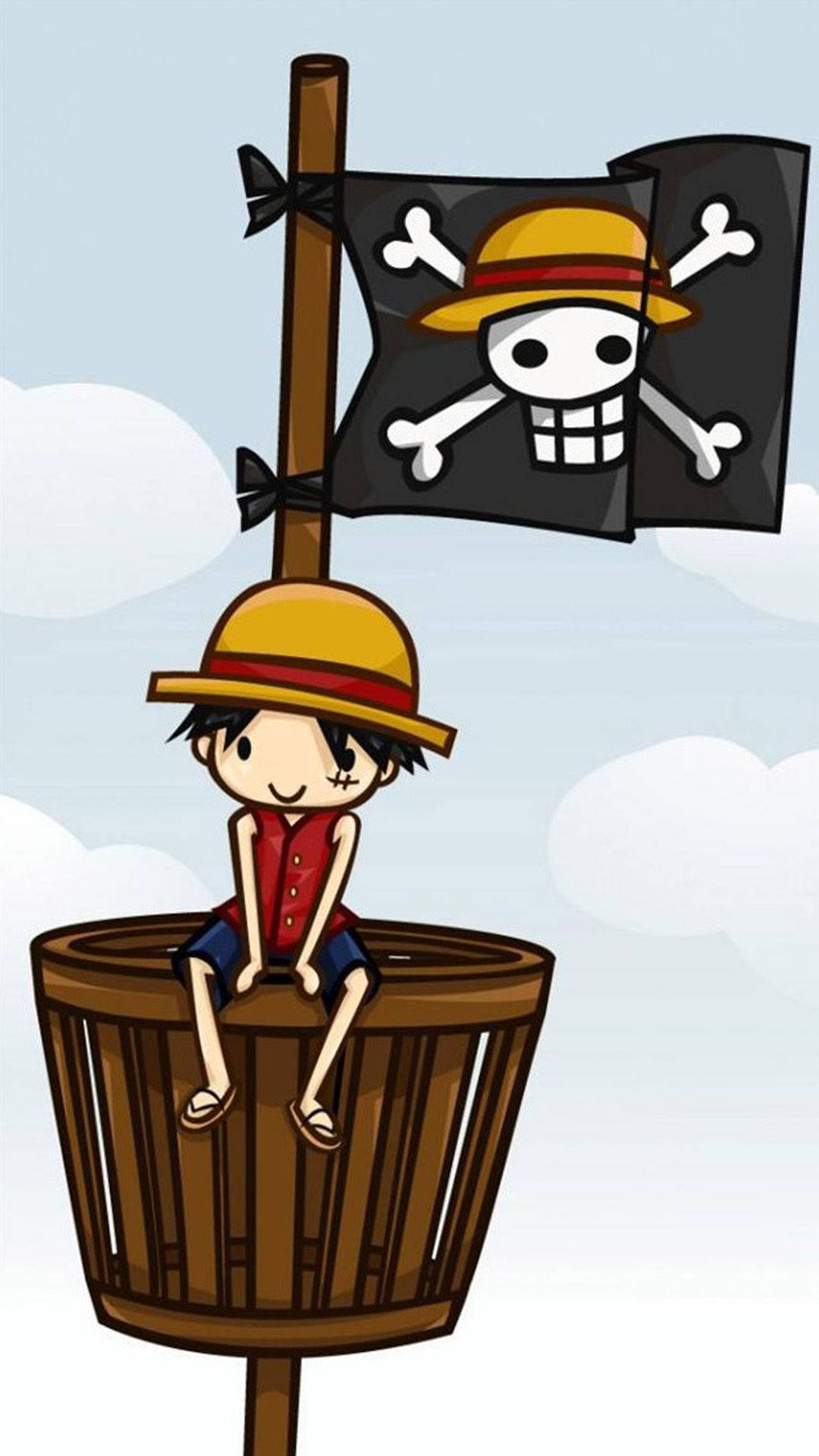 Luffy Funny 桌布 壁紙 — 一個戴草帽的開心卡通男孩坐在木桶上，海盜旗在他頭頂飄揚，背景是多雲的天空。