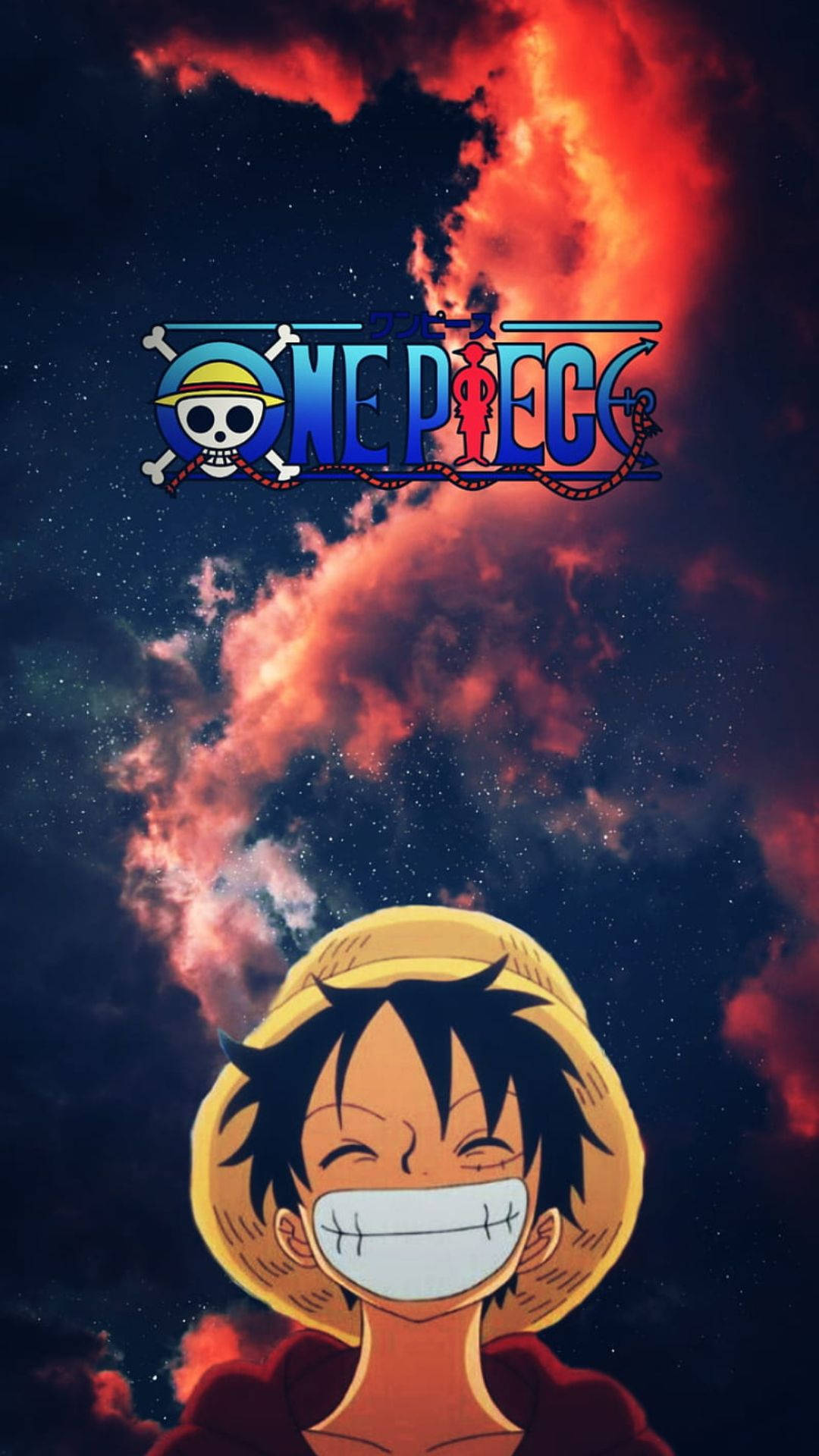 One Piece Phone 桌布 壁紙 — 一個戴草帽的開朗動畫男孩在熾熱的紅色和深藍色星空下咧嘴笑，上面有One Piece標誌。