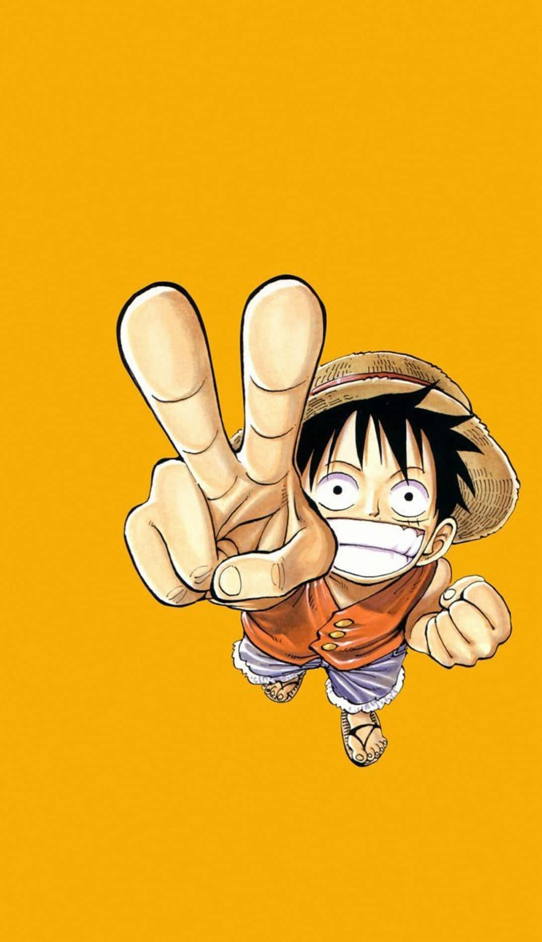 luffy smile 桌布 壁紙 — 一個戴草帽的開朗動畫男孩在純橙色背景上比出和平手勢。