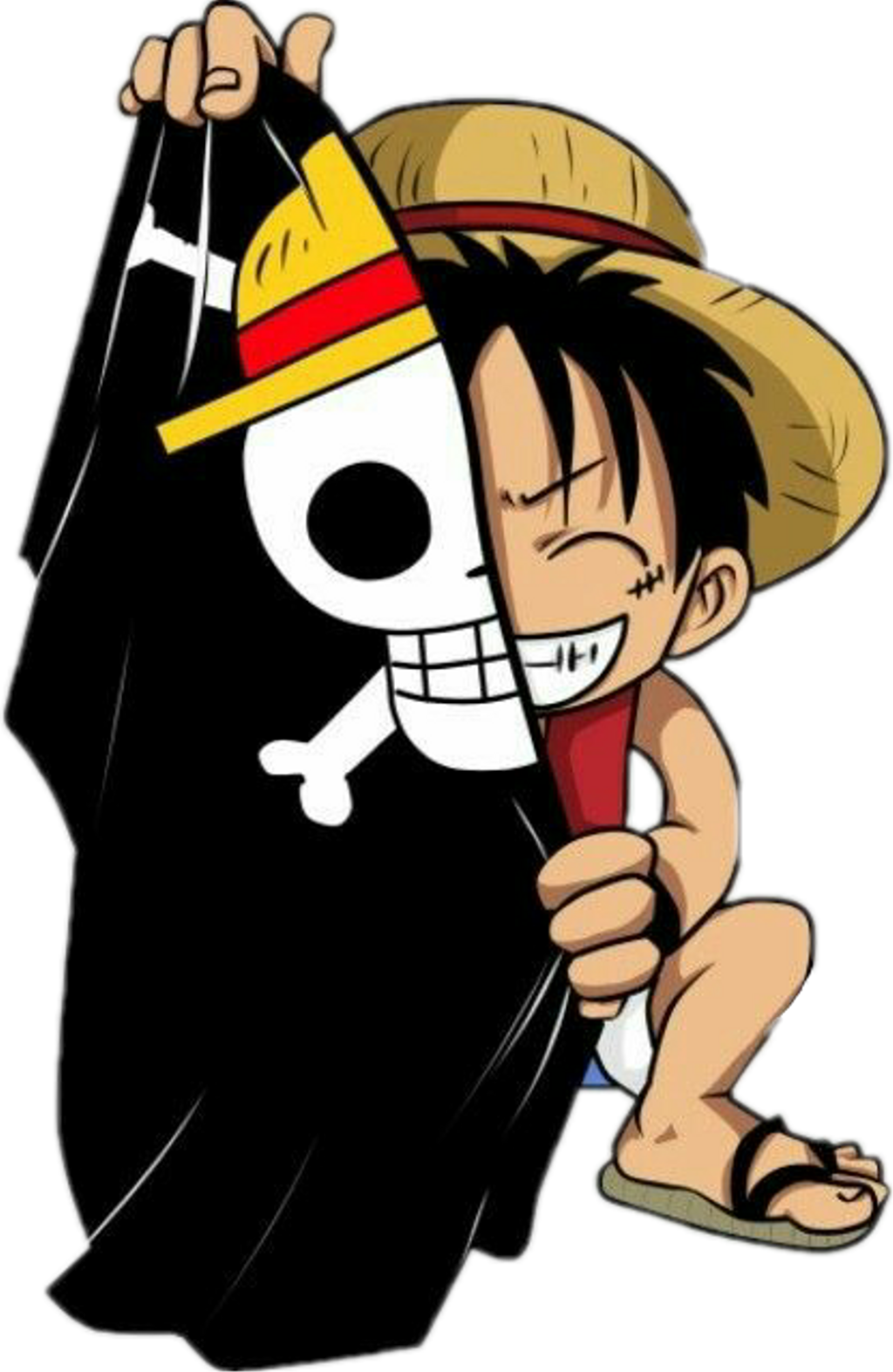 動漫男孩 桌布 壁紙 — 一個戴草帽的開朗動畫男孩舉起一面帶有白色骷髏和交叉骨頭的黑色的海盜旗。