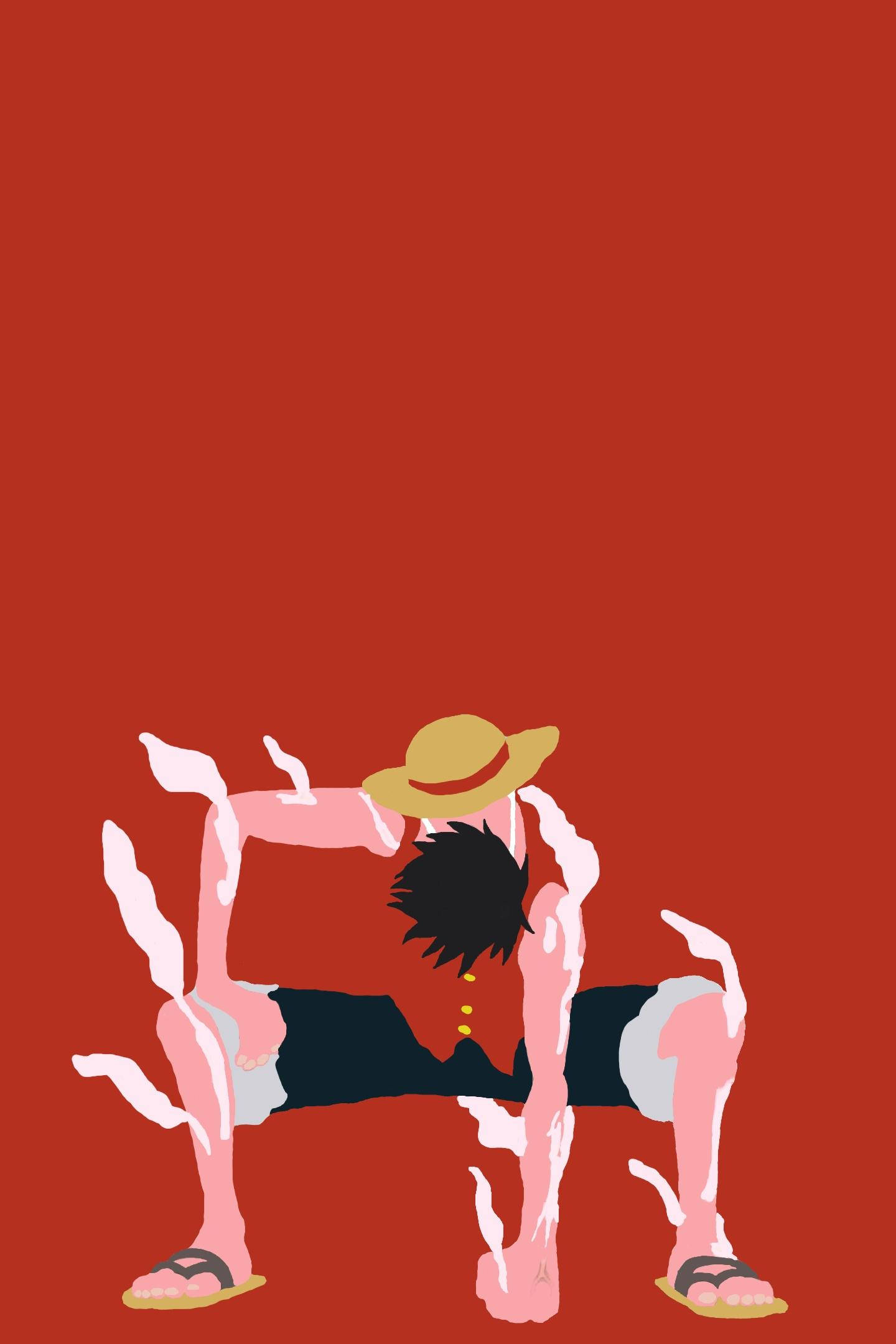 luffy 4K 桌布 壁紙 — 一個戴草帽的風格化動漫角色，在純紅色背景前彎腰向前，雙臂高舉。