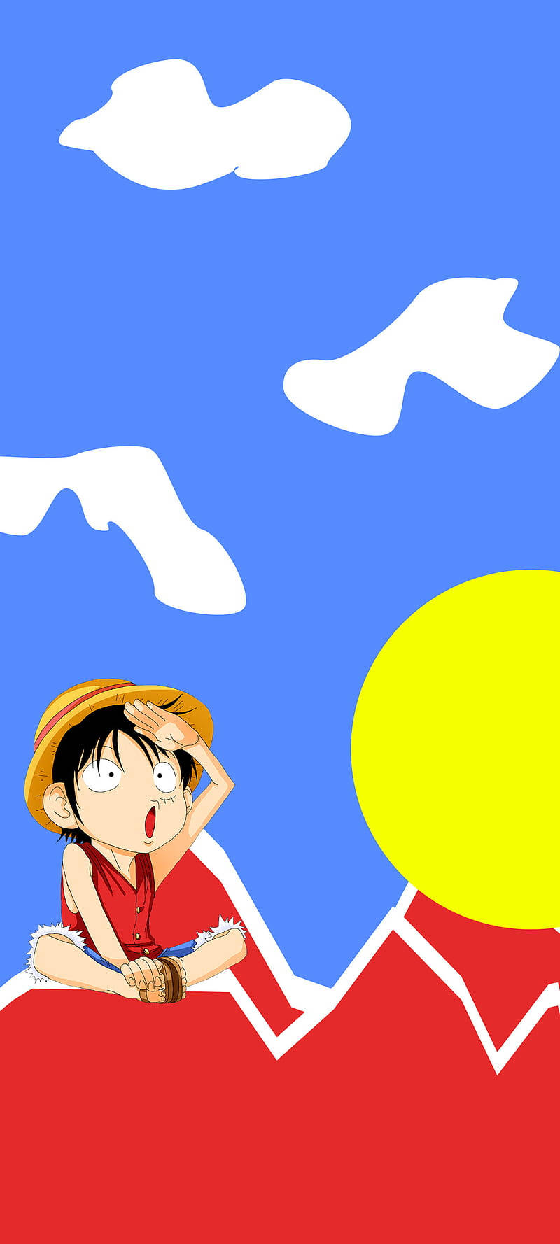 海賊王 桌布 壁紙 — 一個戴草帽的驚訝動漫男孩在明亮的藍天白雲和一個大黃太陽下，從紅色懸崖上探頭張望。