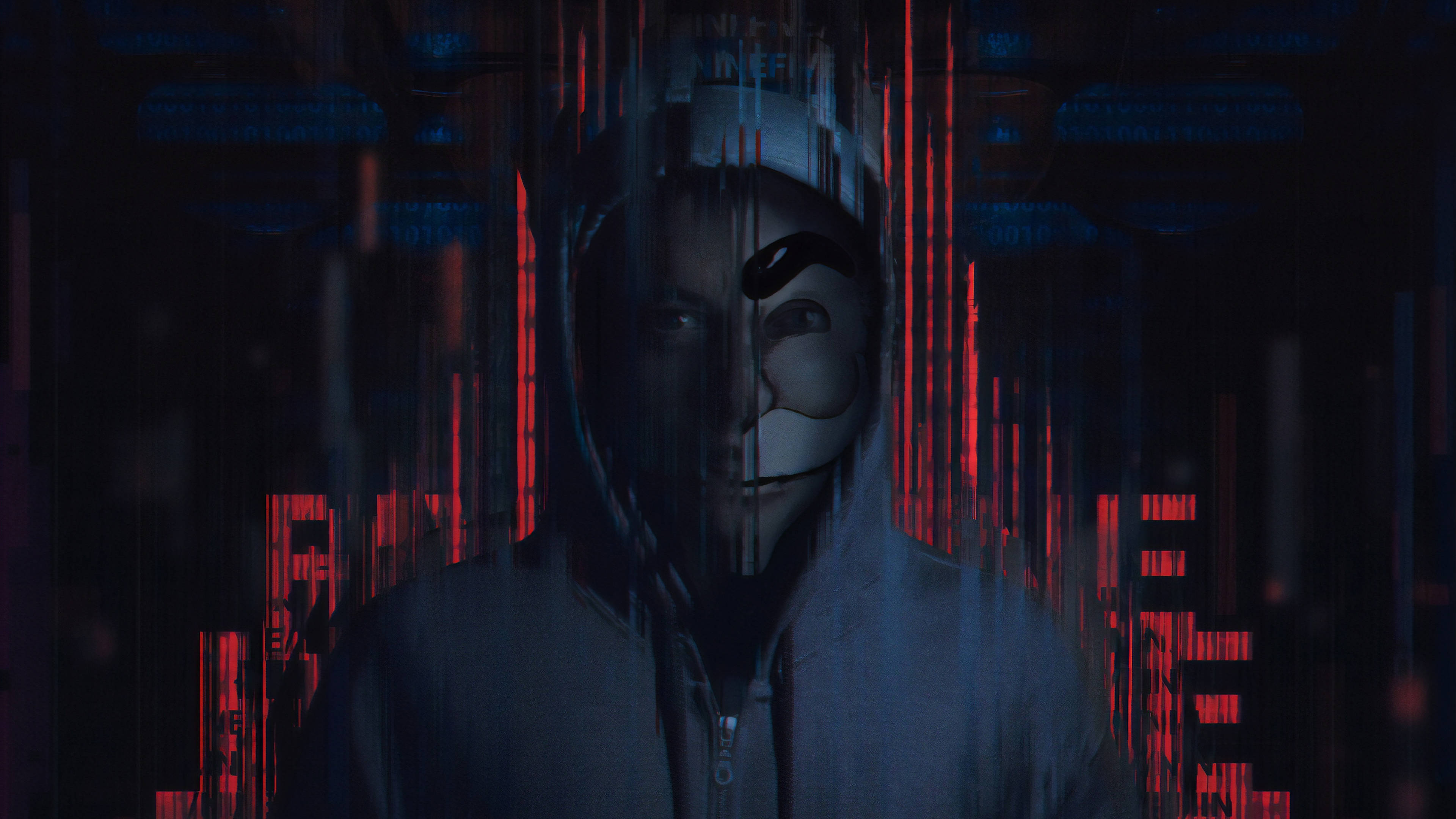 桌布 壁紙 — 一個戴著 Guy Fawkes 面具的兜帽人物，站在黑暗的 cyberpunk 場景中，周圍是帶有故障效果的紅色和藍色數位數據流。
