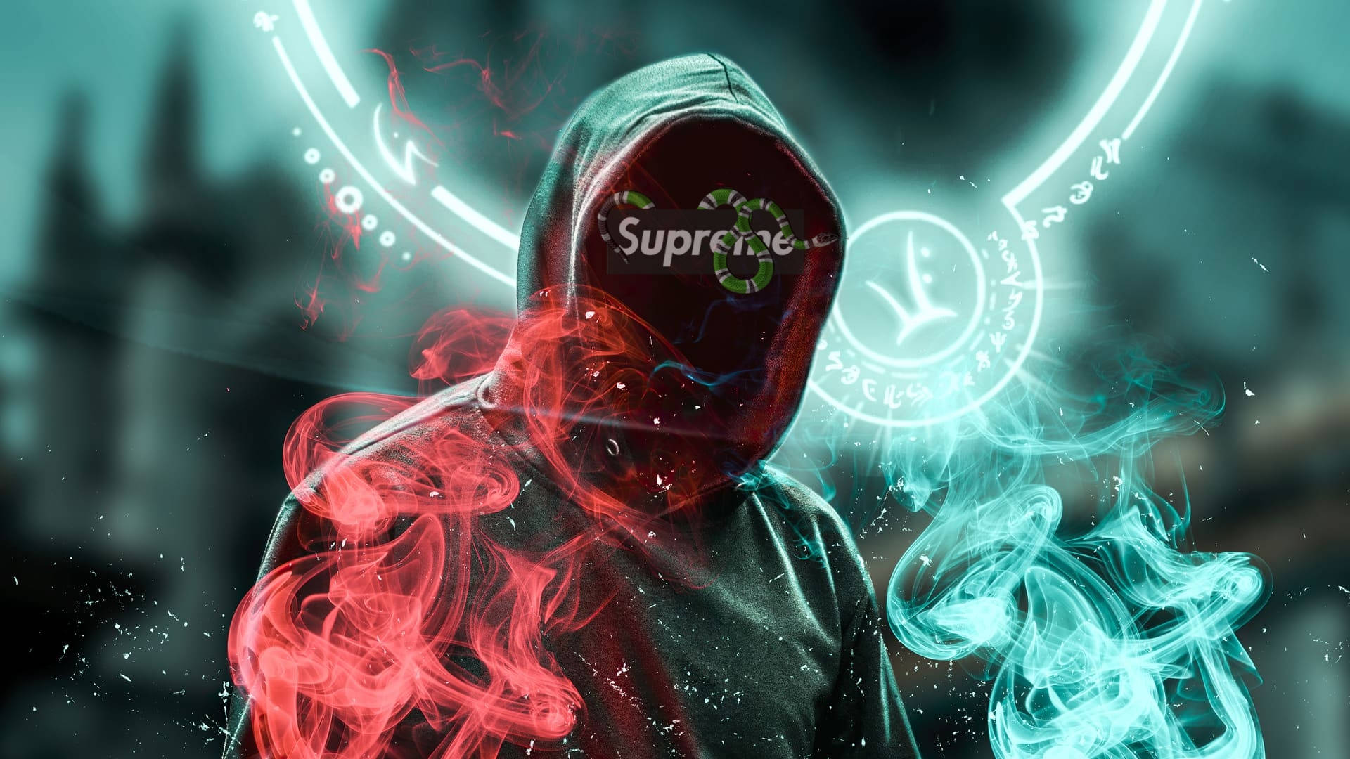 Cool Supreme 桌布 壁紙 — 一個戴著 Supreme 面具的連帽人物，被旋轉的紅色和青色能量包圍，背景是發光的未來風格。
