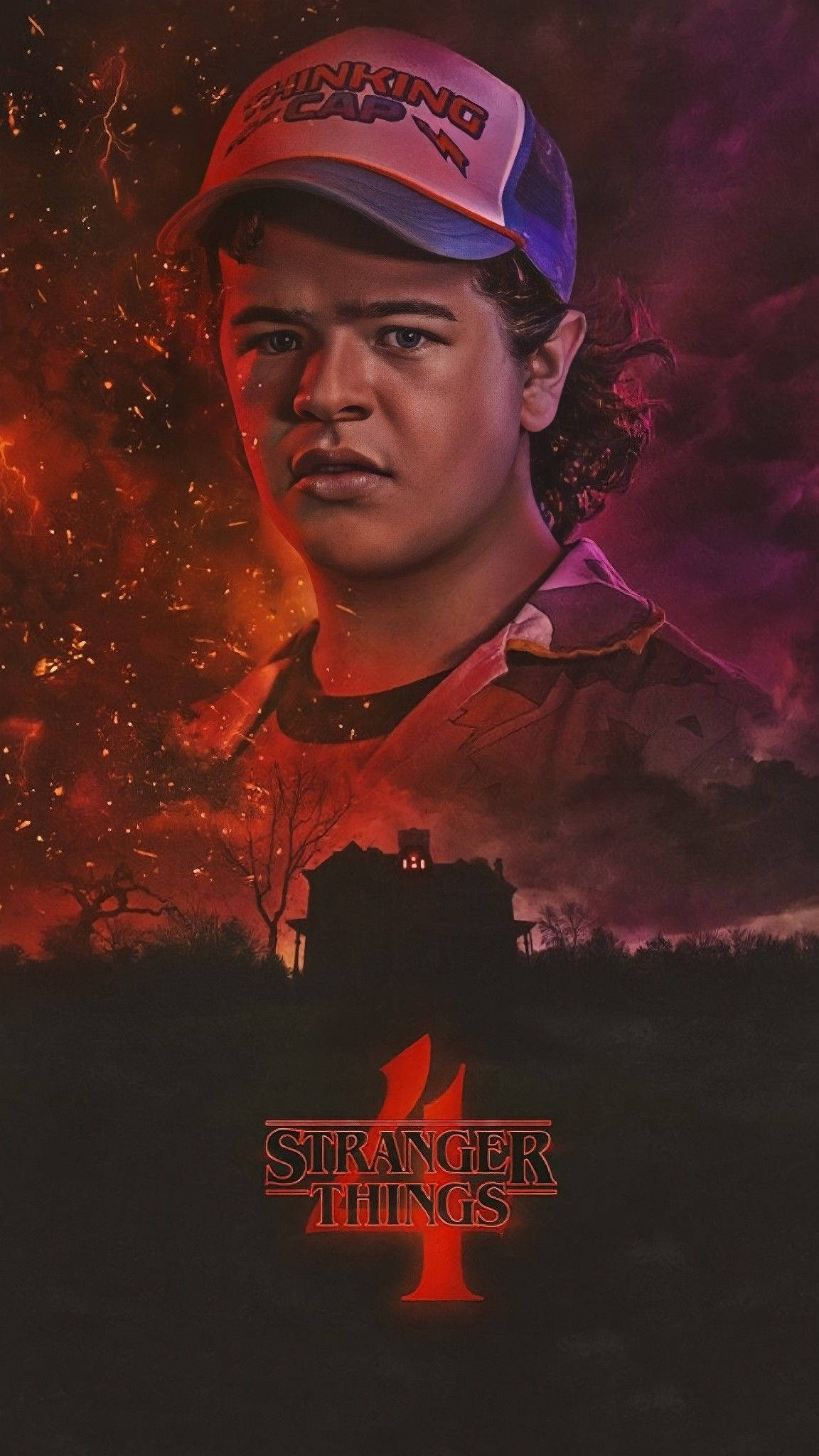 Dustin Stranger Things 桌布 壁紙 — 一個戴著『思考帽』的年輕男子，在火紅的天空下，下方有鬼屋剪影，他凝視著前方。