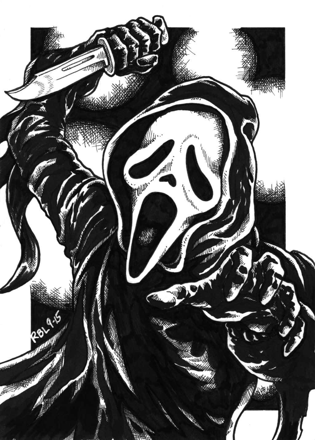 吶喊 桌布 壁紙 — 一個戴著Ghostface面具的威脅人物在鮮明的黑白插圖中高舉著刀。