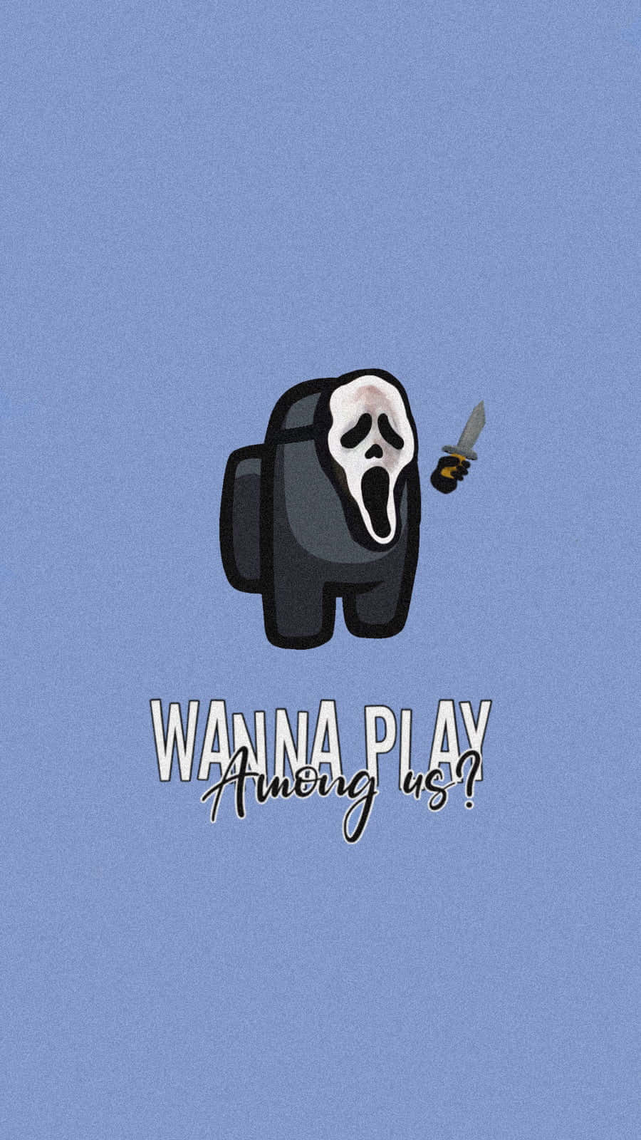 Ghostface Aesthetic 桌布 壁紙 — 一個戴著Ghostface面具的Among Us卡通角色，在純藍色背景前拿著刀，並附有邀請遊玩的文字。