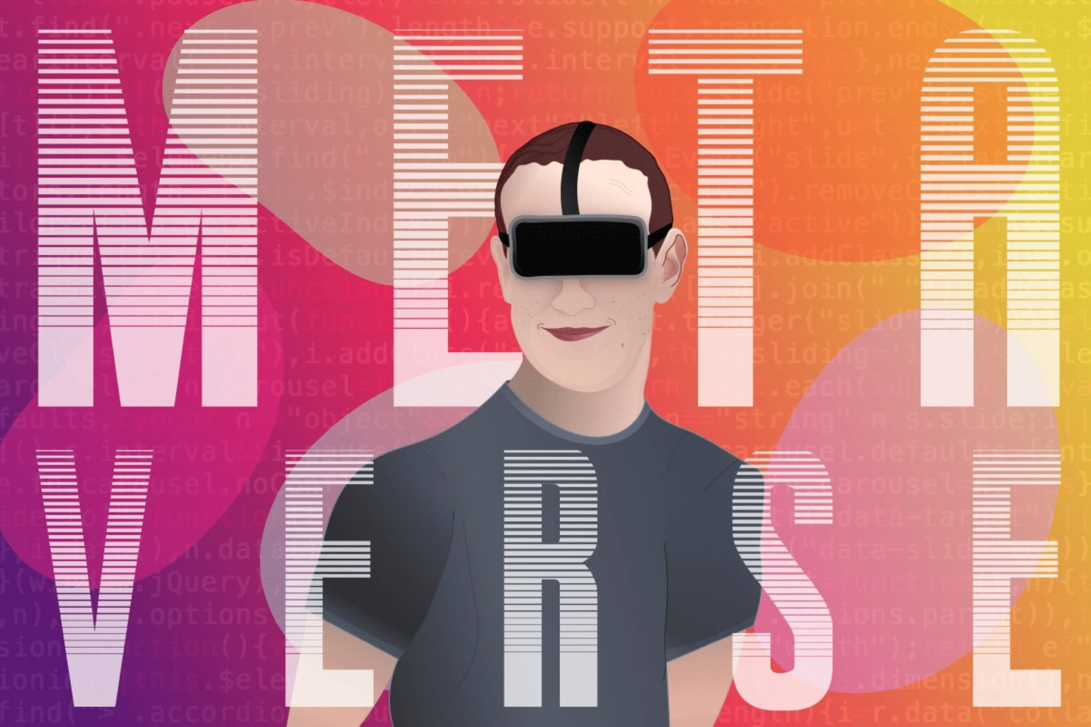 Zuckerberg 桌布 壁紙 — 一個戴著VR頭戴式裝置的人站在充滿活力的漸變背景前，背景上有粗體風格字體寫成的「METVERSE」字樣。