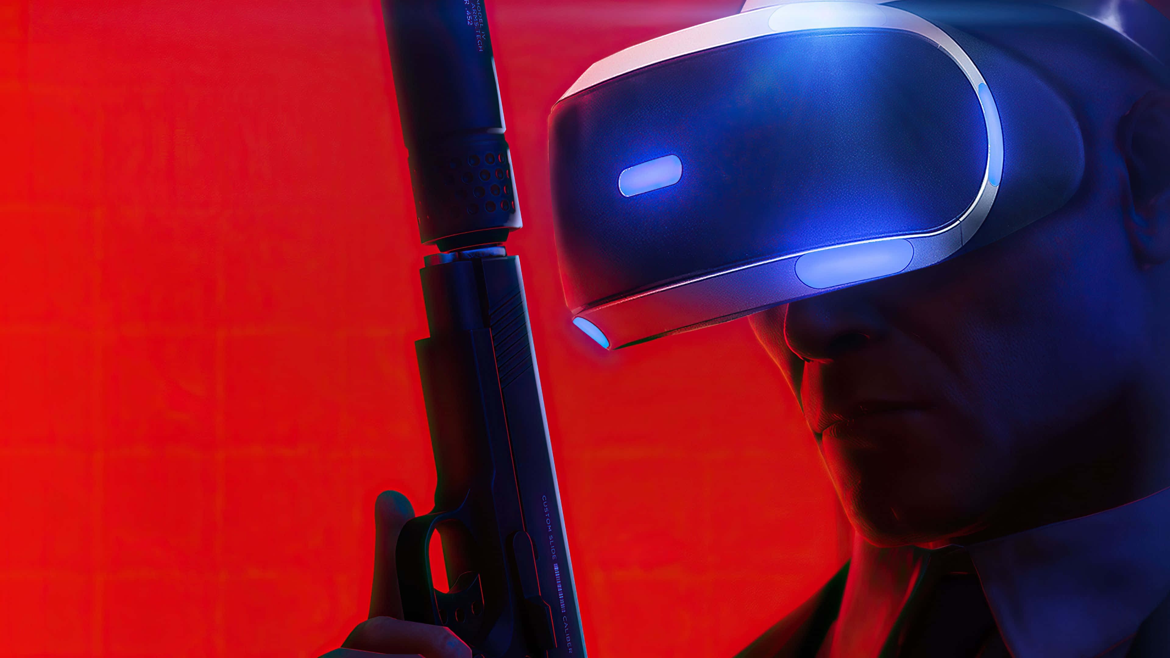 vr 桌布 壁紙 — 一個戴著VR頭戴式裝置的男人，手持未來風格的槍，對著發光的紅色牆壁，牆上有藍色燈光。