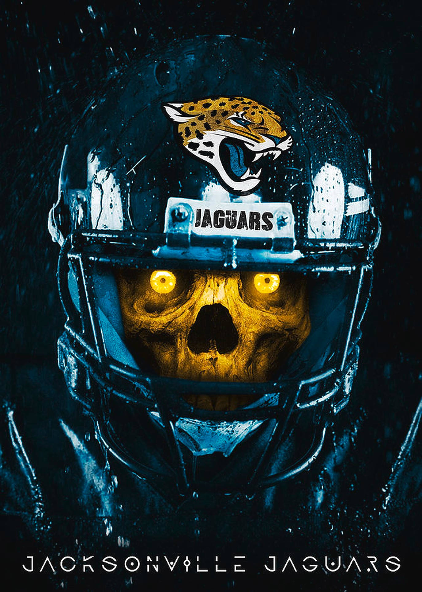 Jaguars 桌布 壁紙 — 一個戴著傑克遜維爾美洲虎頭盔、擁有發光骷髏臉和雨濕面罩的威脅性美式足球員。