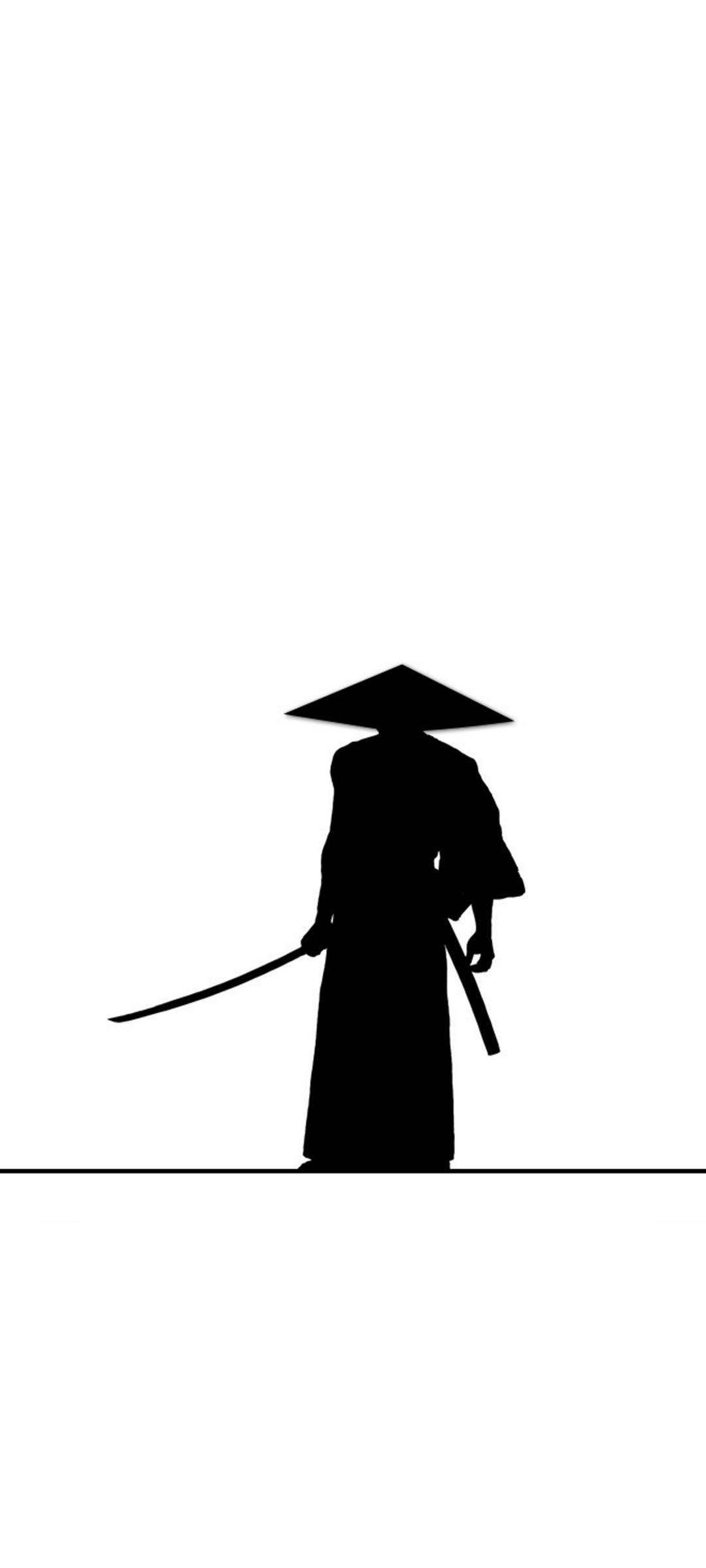White iPhone 桌布 壁紙 — 一個戴著傳統帽子、手持武士刀的武士戰士的鮮明黑色剪影，佇立在純白色背景上。