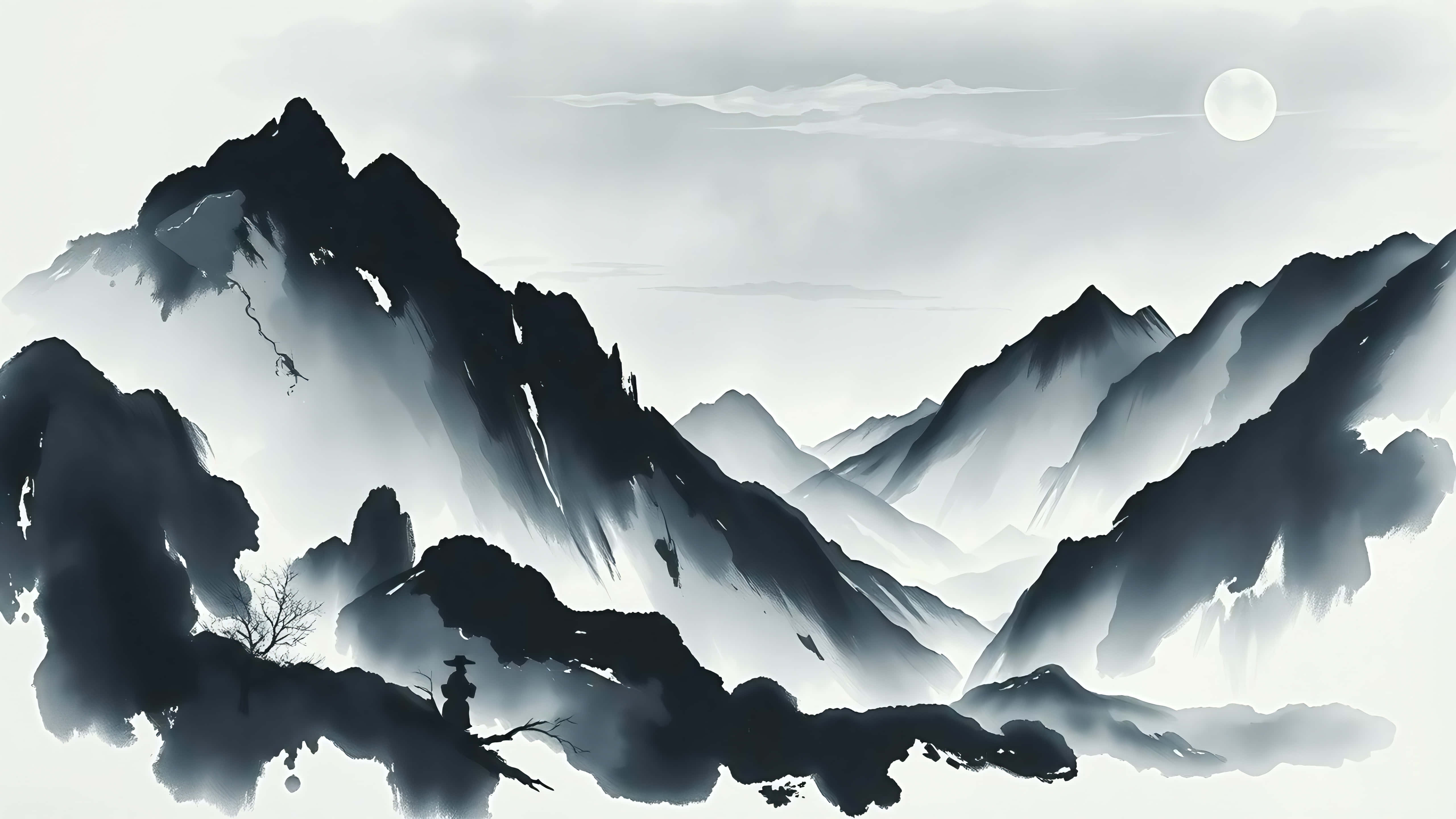 4K Aesthetic 桌布 壁紙 — 一個戴著傳統帽子的人孤獨地站在霧氣繚繞的山脊上，滿月之下，呈現單色水墨畫般的風景。