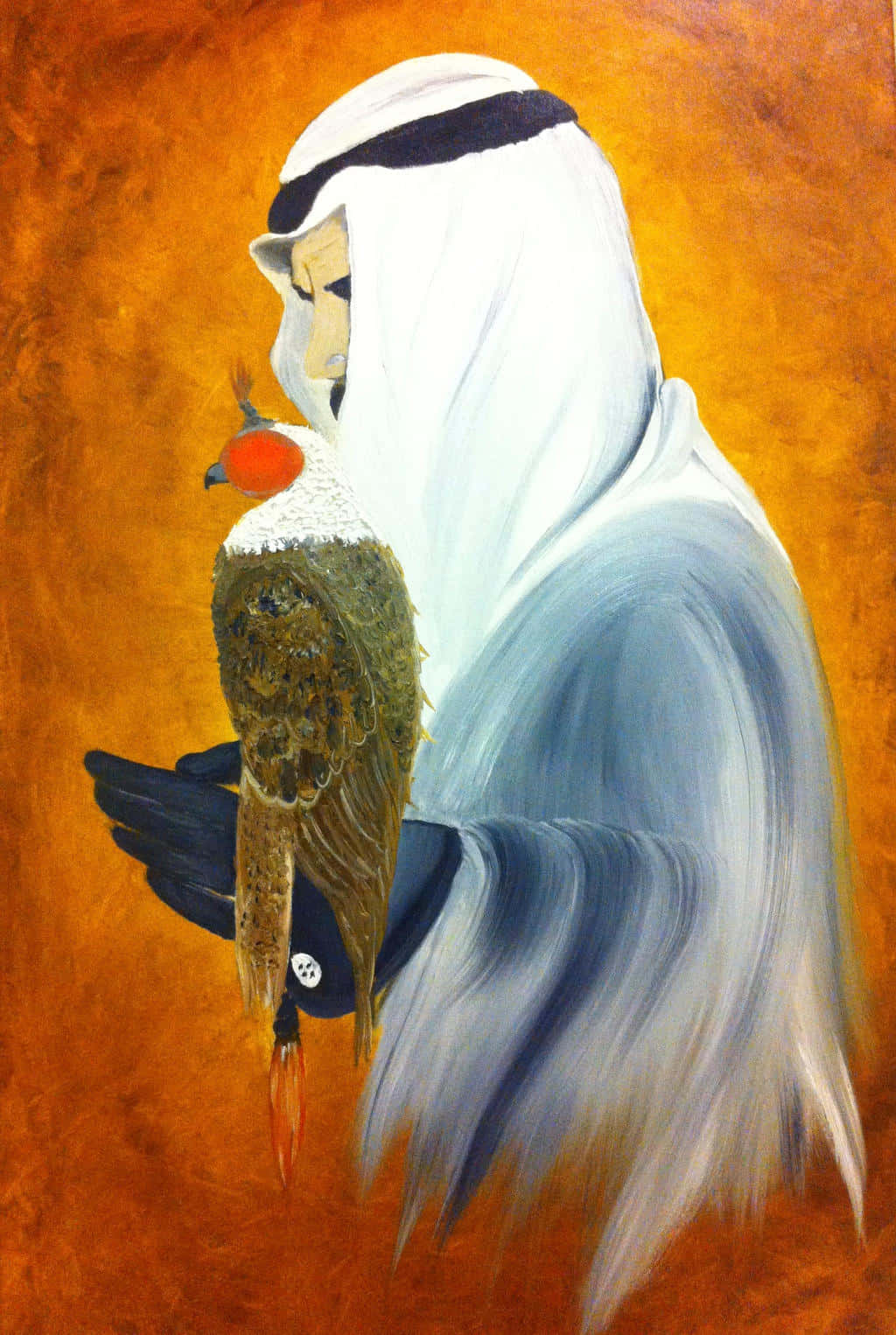 Painting 桌布 壁紙 — 一個戴著傳統白色頭飾的人物，在溫暖的紋理橙色背景上托著一隻獵鷹。
