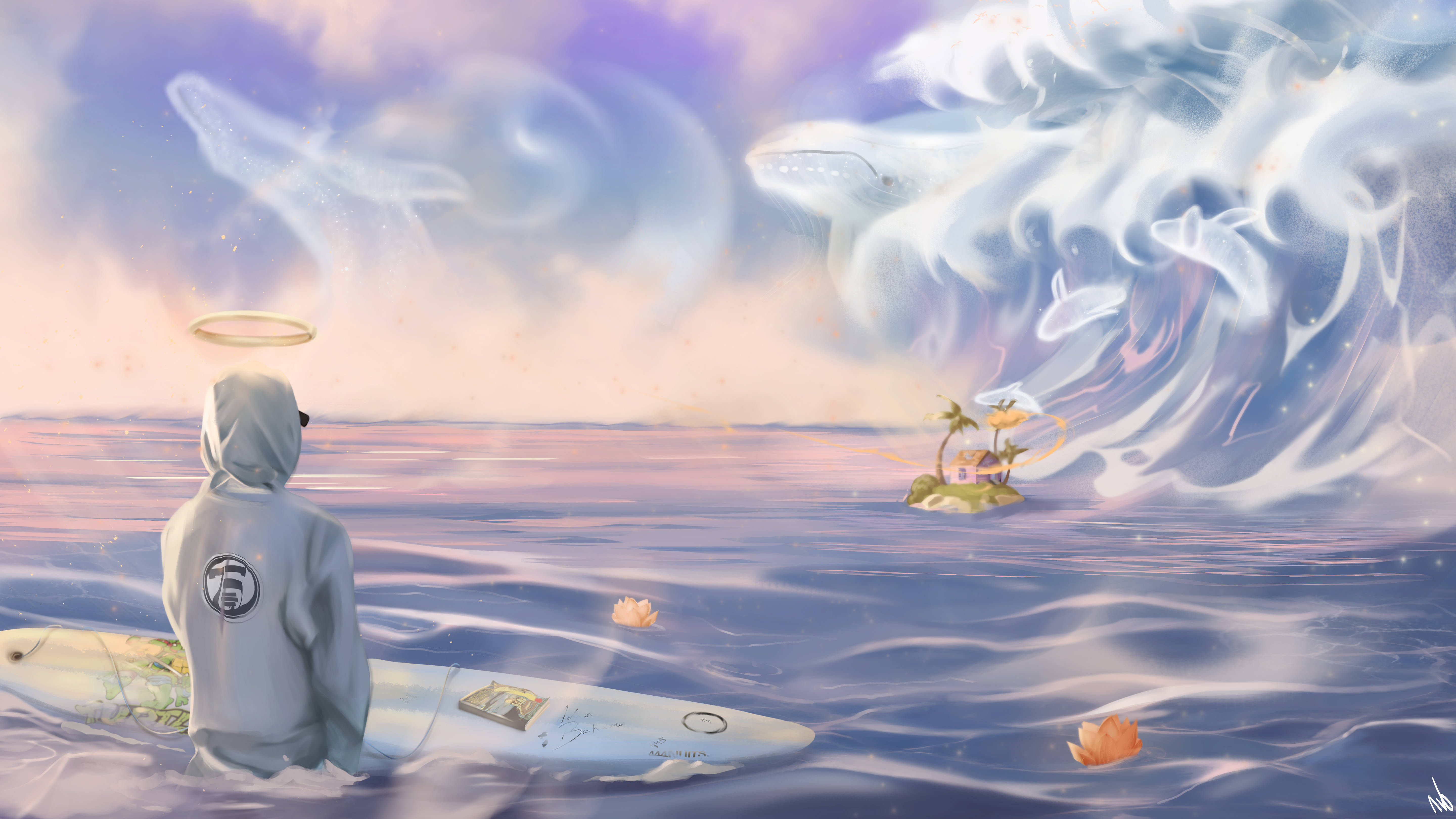 Nepal 桌布 壁紙 — 一個戴著光環的兜帽身影站在衝浪板上，凝視著在暮色中從夢幻海洋升起的空靈鯨魚狀生物。